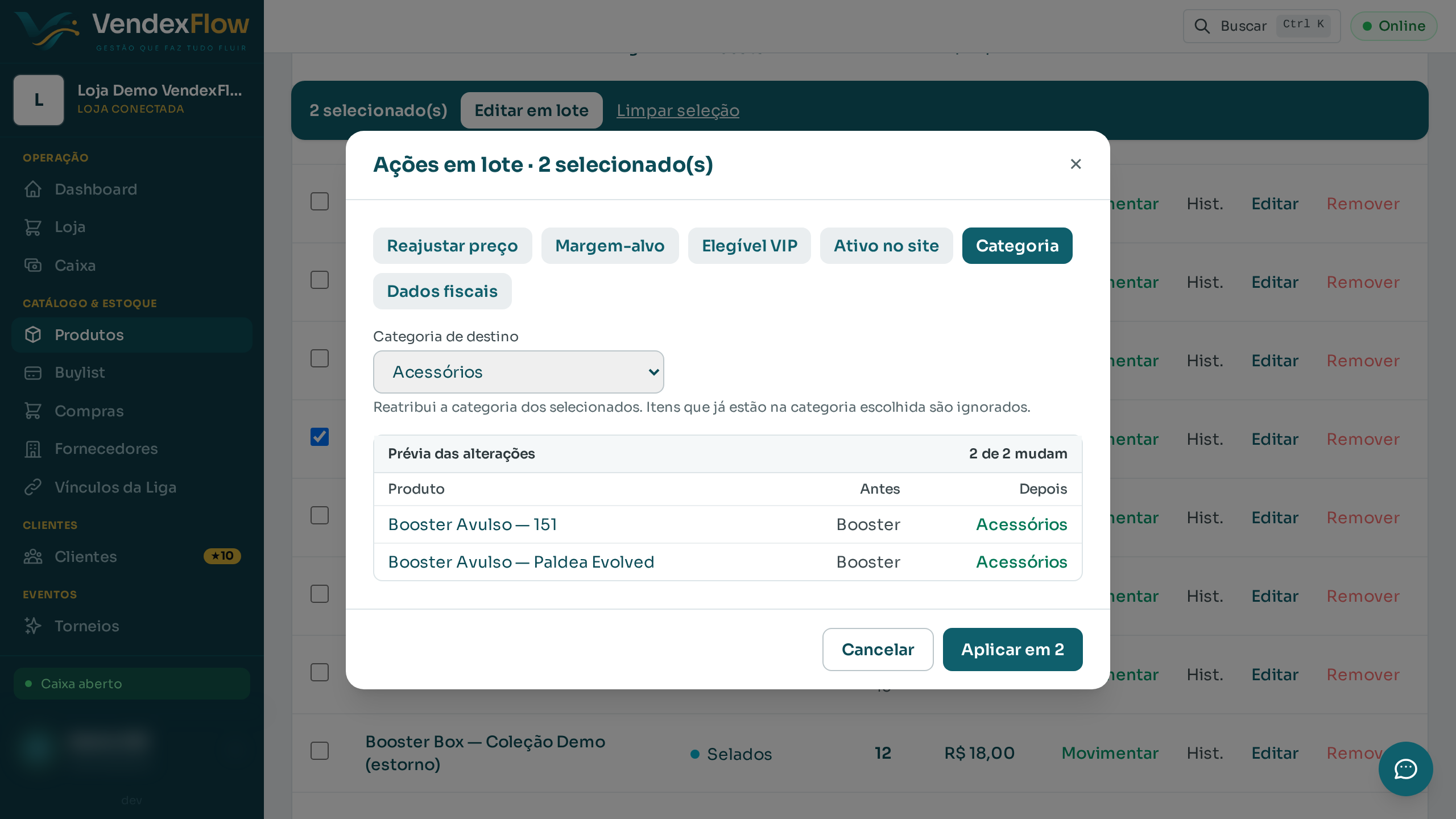 Passo 4: Escolha a categoria de destino. A prévia mostra a categoria atual e a nova de cada produto.