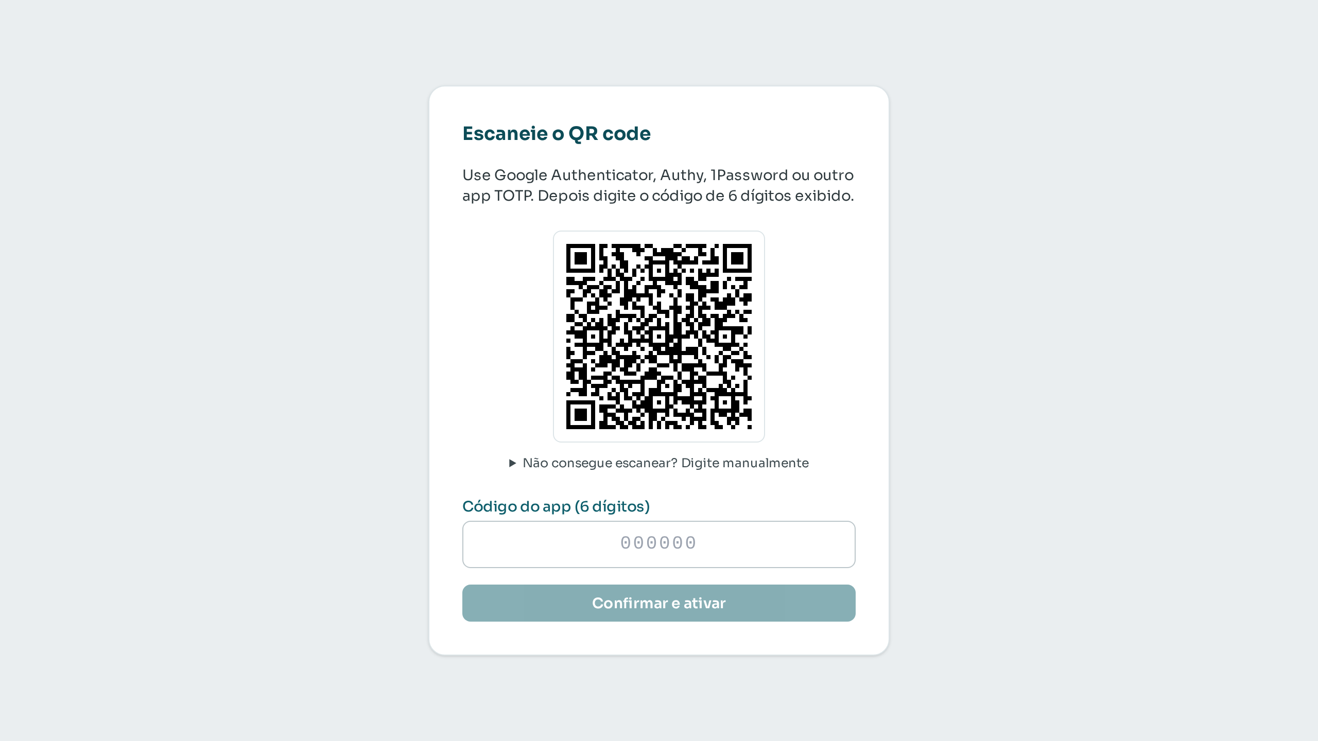 Passo 2: Abra o Google Authenticator, Authy ou 1Password e escaneie este QR code.