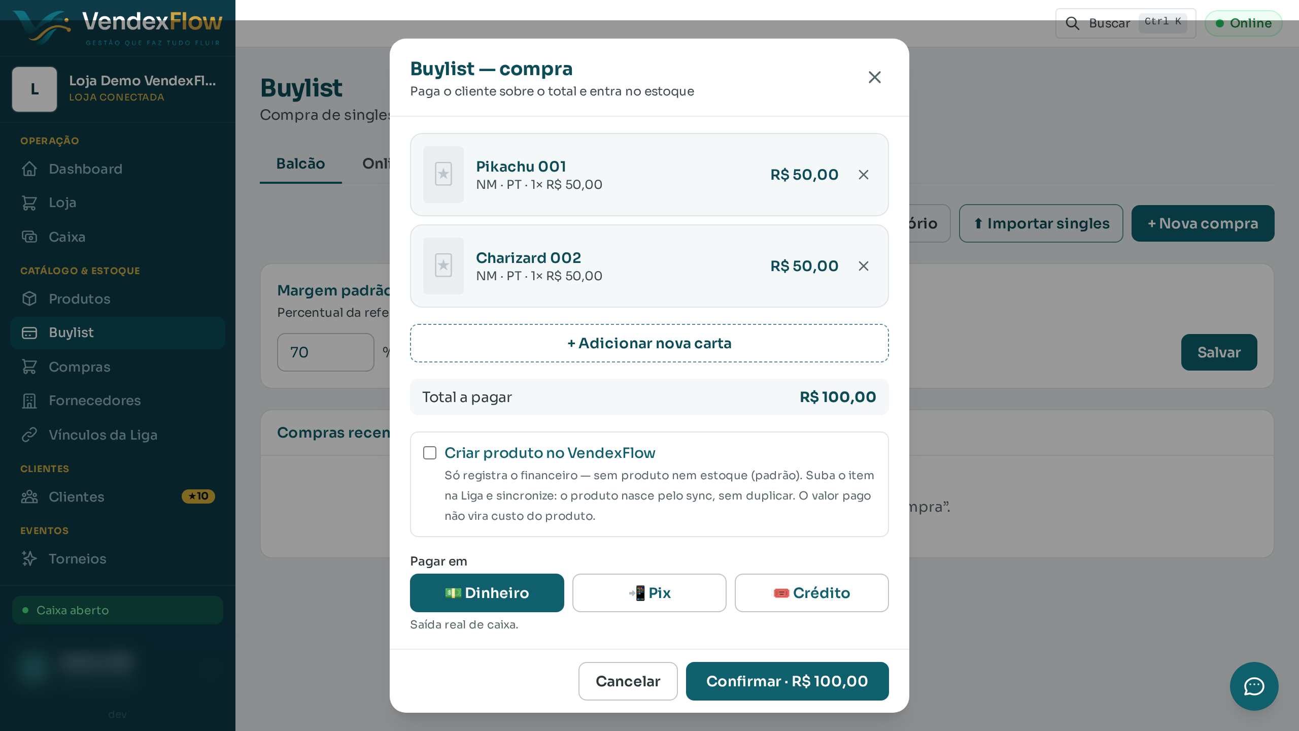 Passo 4: Use "+ Adicionar nova carta" pra repetir com a próxima — quantas cartas você precisar na mesma compra.
