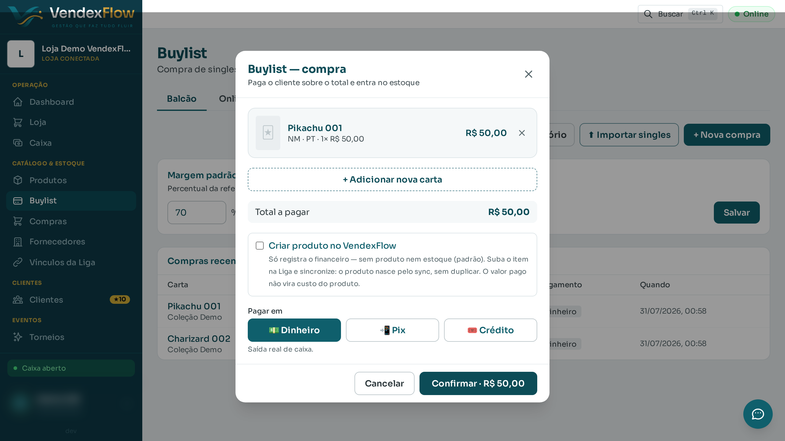 Passo 4: "Criar produto no VendexFlow" já vem desligado — a compra registra só o financeiro, sem criar nem somar estoque. O item não vira produto agora (deixe ligado só se quiser criá-lo já).