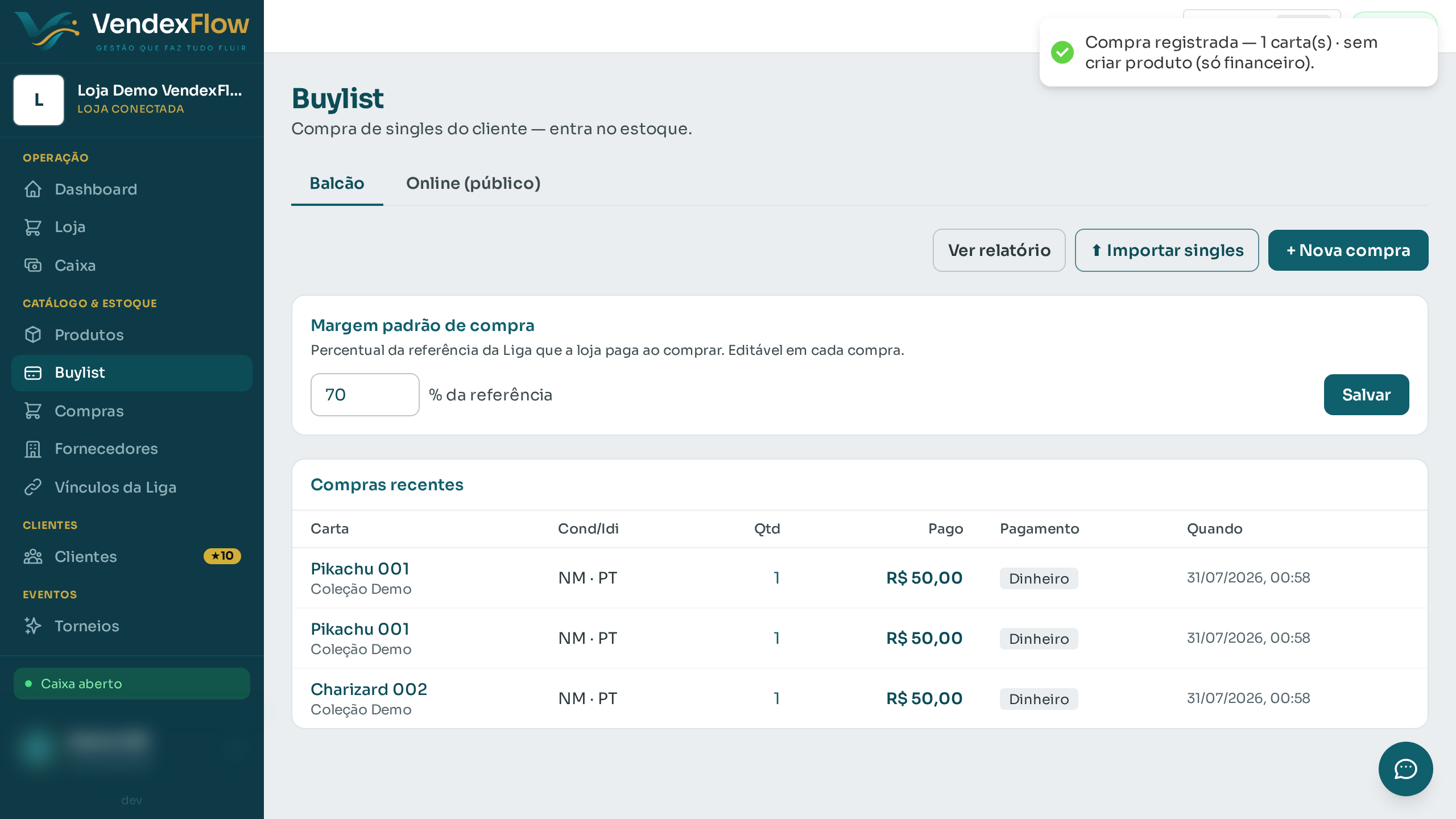 Passo 7: Pronto: a recompra fica registrada em "Compras recentes" (marcada como "só financeiro"). Quando você subir na Liga e sincronizar, o produto aparece sozinho — sem duplicar.