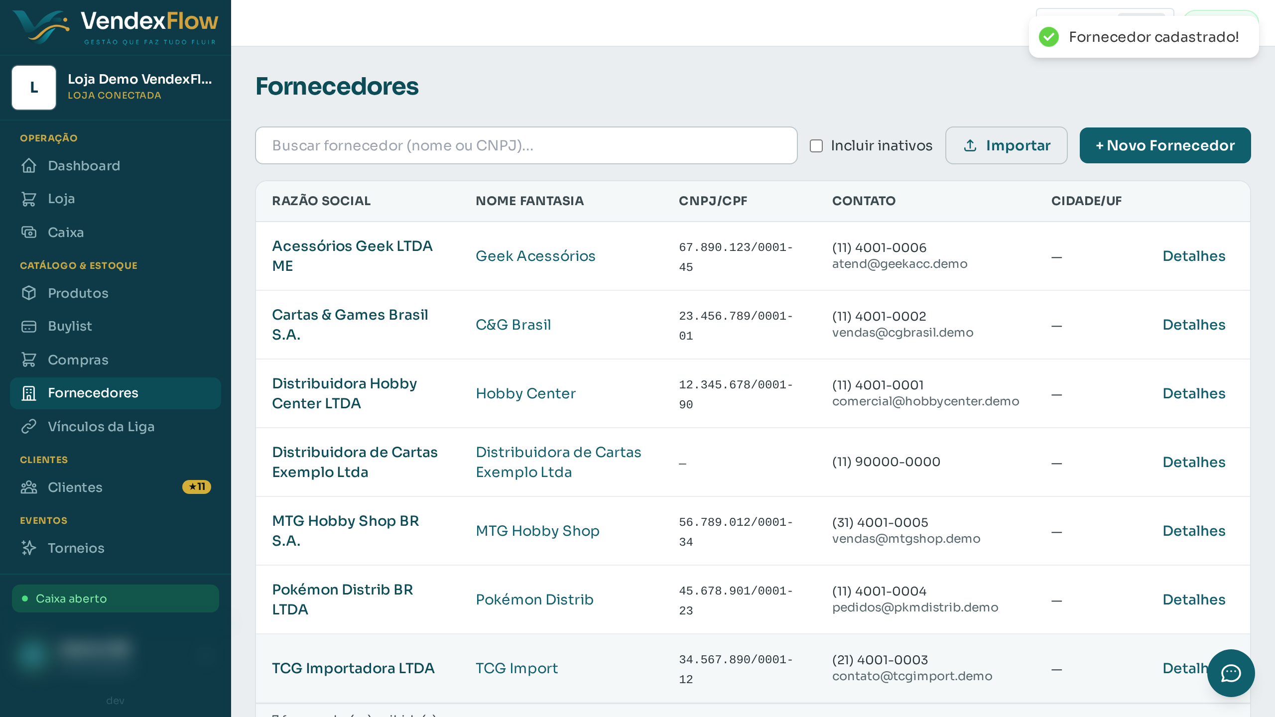 Passo 4: Salve. O fornecedor já aparece na lista e na seleção ao registrar uma compra.