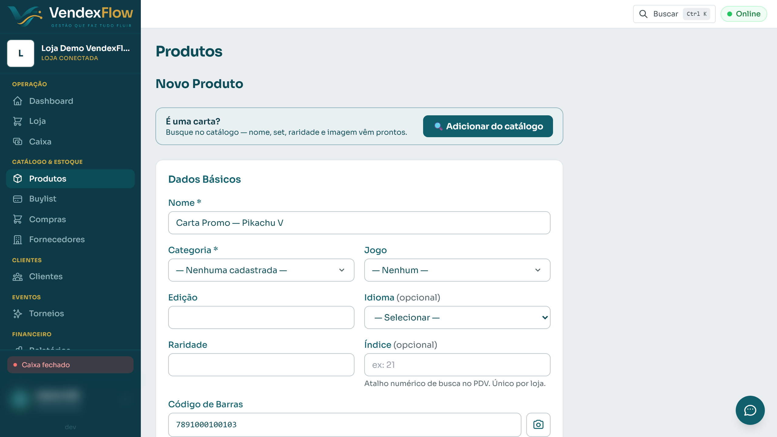 Passo 3: Aponte o leitor para o código de barras — ele preenche o campo sozinho. Sem leitor, dá pra digitar.