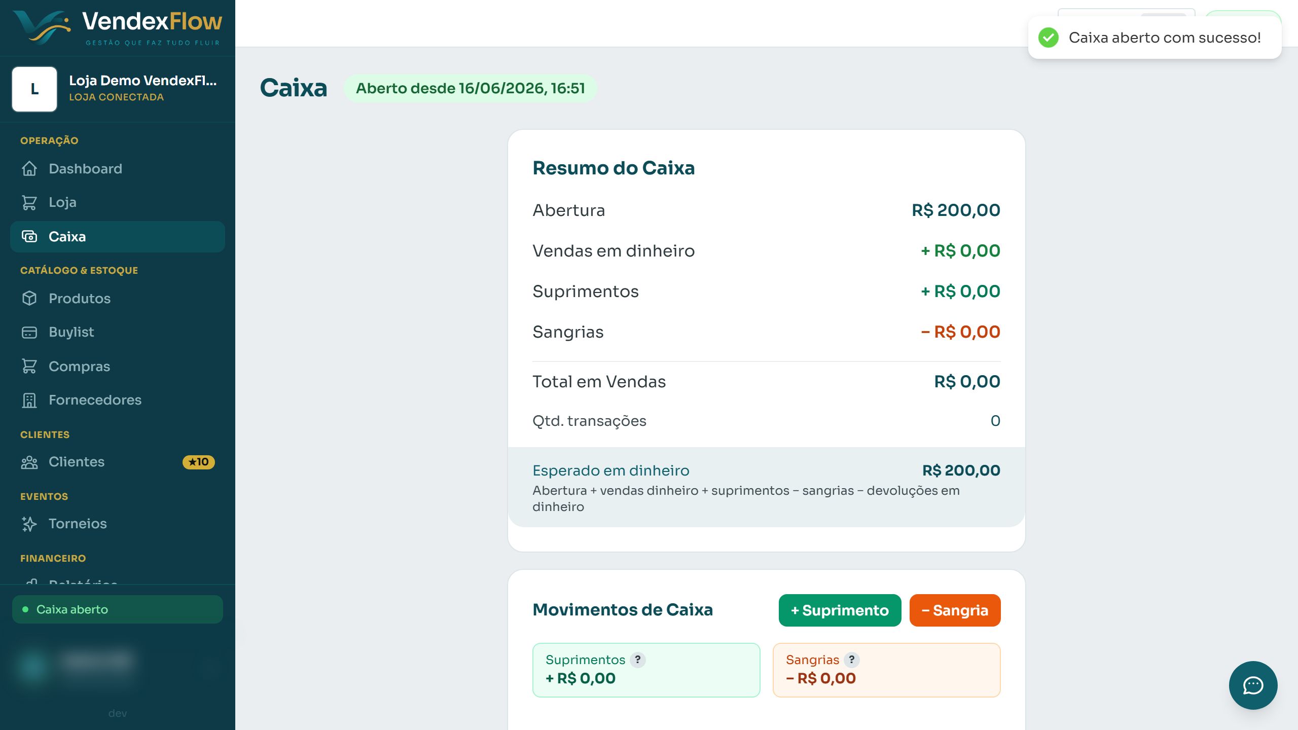 Passo 3: Pronto — o caixa está aberto. Agora você já pode vender. Aqui fica o resumo do turno.