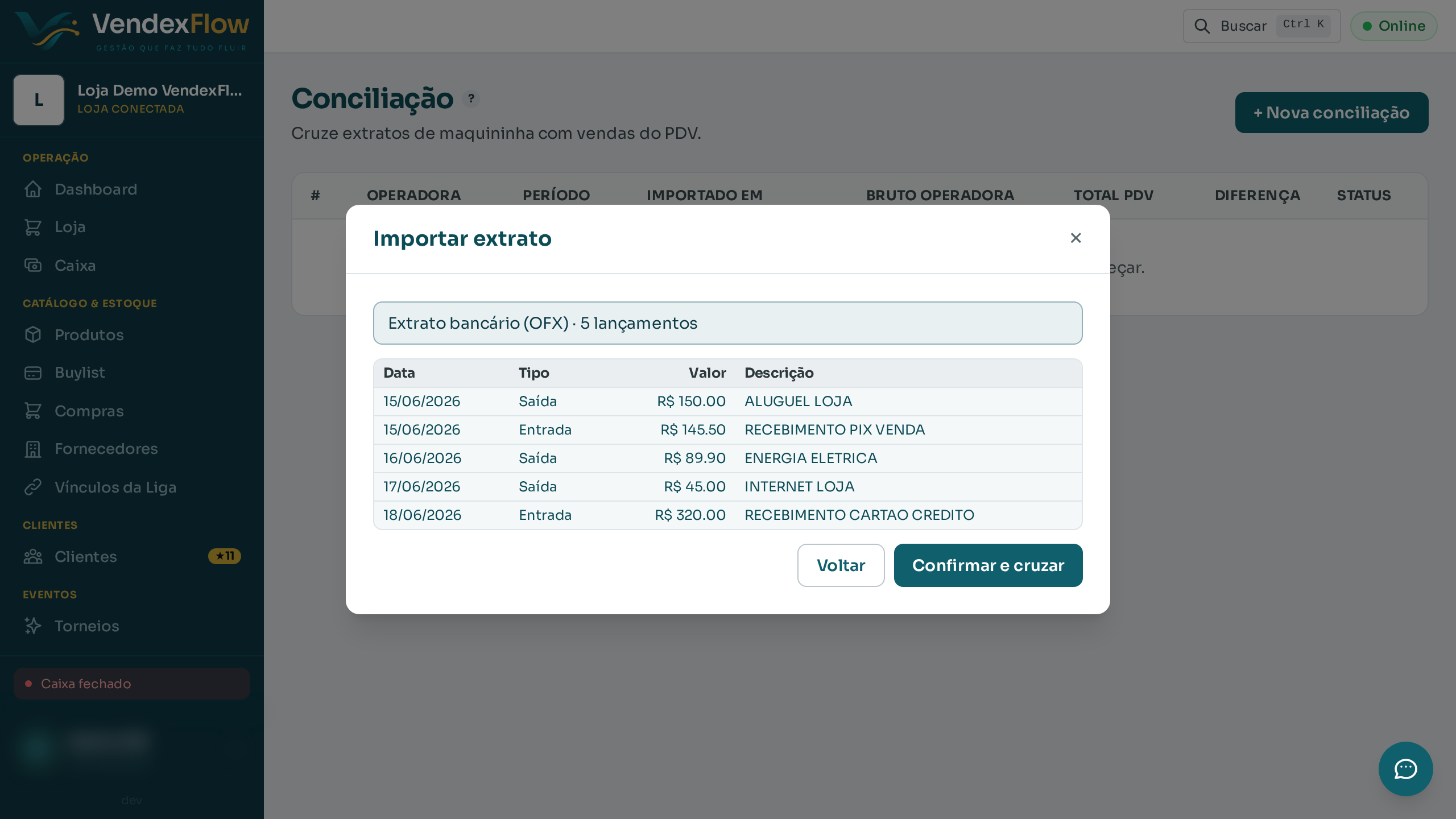 Passo 2: Clique em "Nova conciliação" e selecione o arquivo OFX que você baixou no internet banking. O sistema reconhece o extrato e mostra os lançamentos (entradas e saídas).