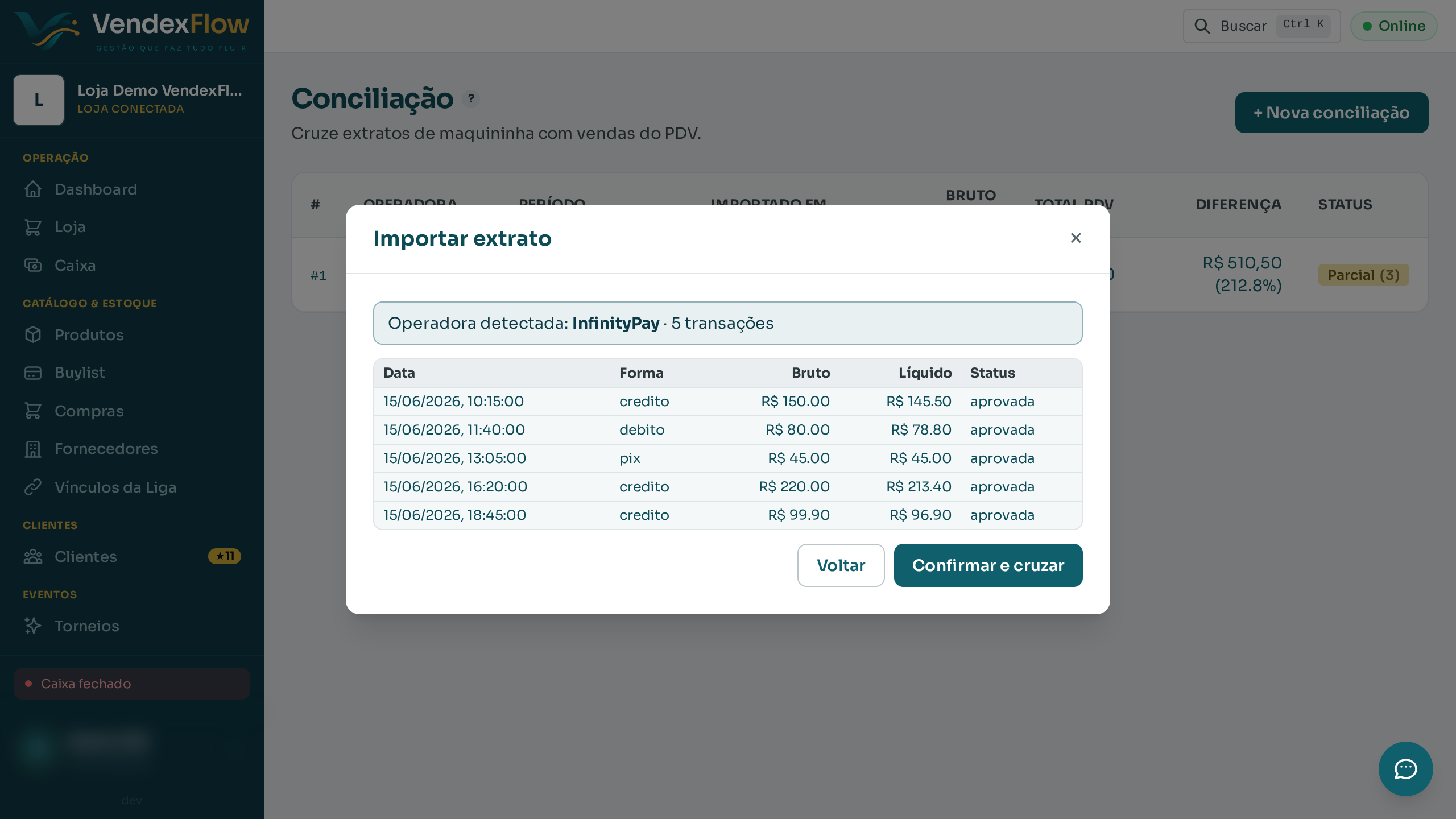 Passo 2: Clique em "Nova conciliação" e selecione o CSV exportado da operadora. O sistema detecta a maquininha e mostra um preview.