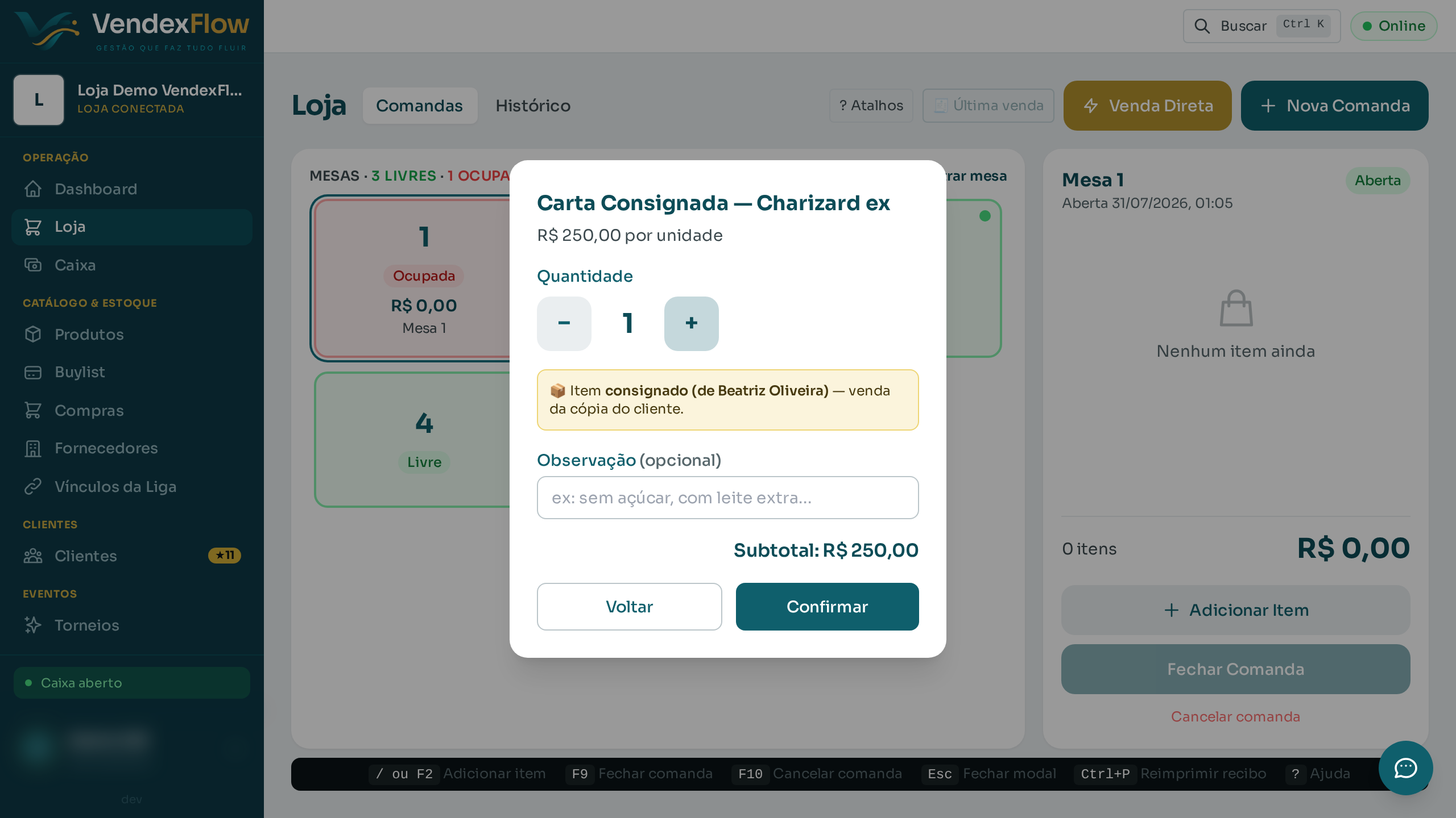 Passo 7: Ao escolher um item consignado, o sistema avisa que a venda é da cópia do cliente — sem você precisar marcar nada.