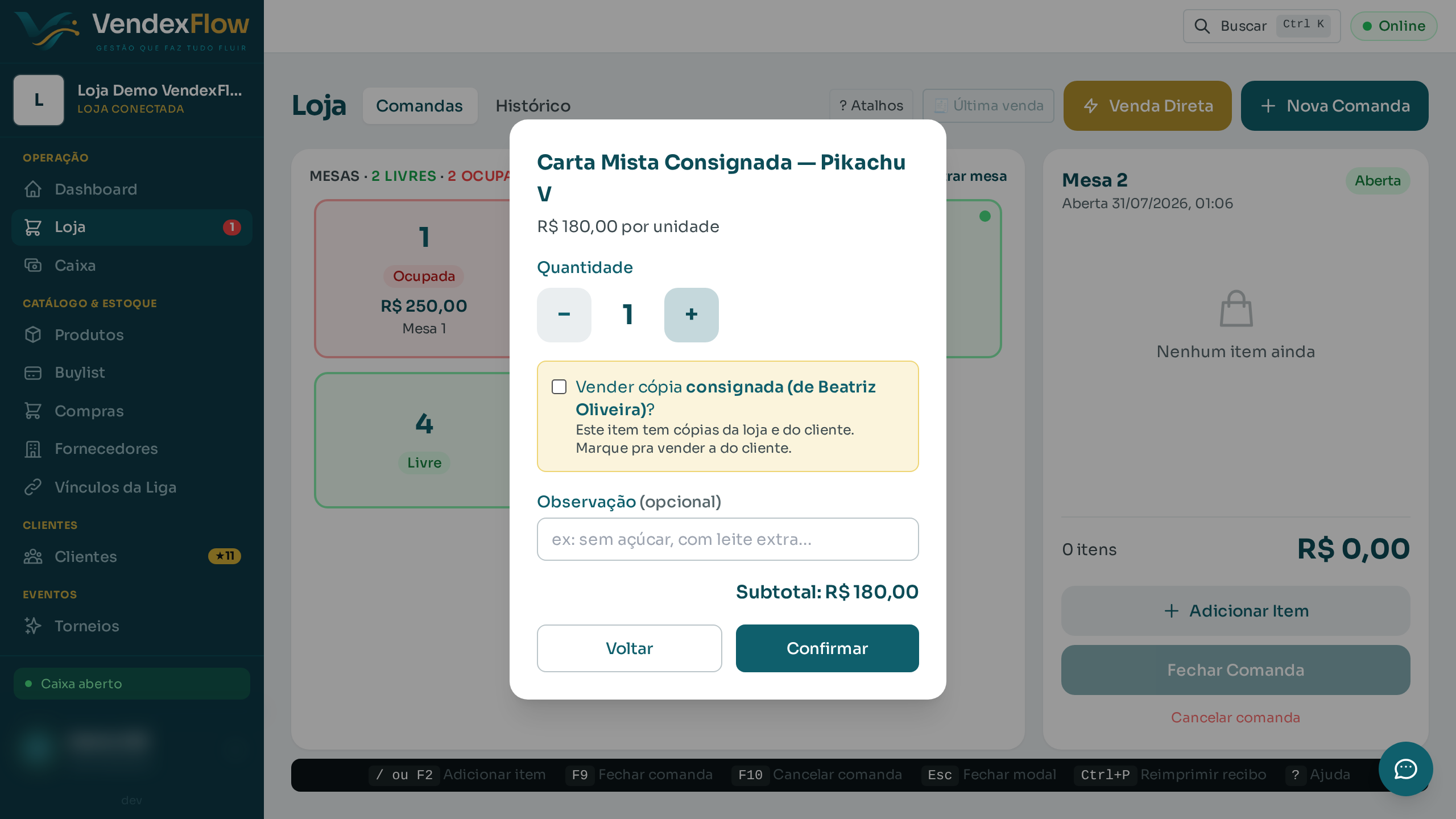 Passo 7: O item tem cópias suas e do cliente, então aparece a opção "Vender cópia consignada?" — desmarcada, vende a sua.