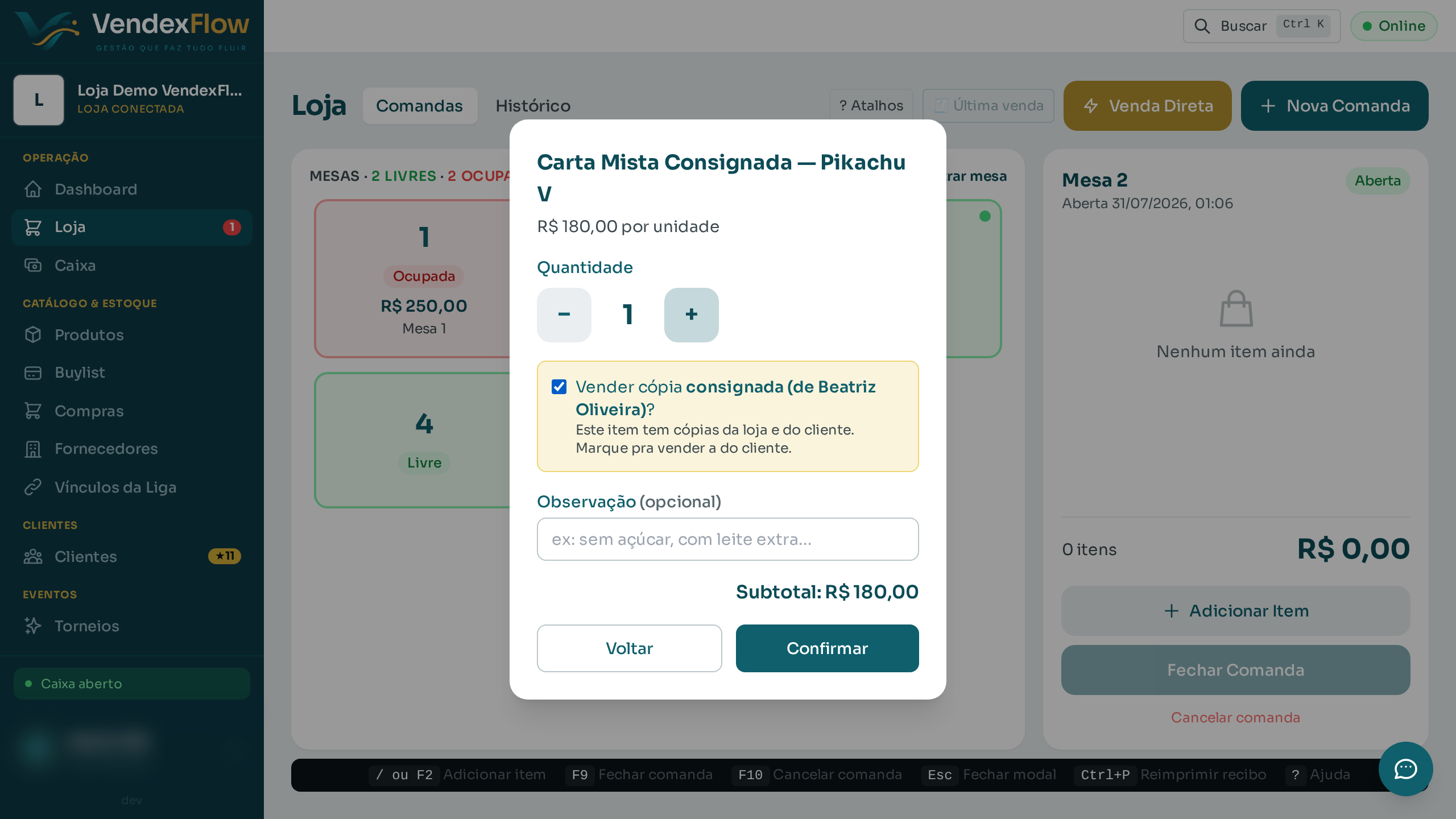 Passo 8: Marque "Vender cópia consignada?" quando a venda for da cópia do cliente — a margem fica com a loja e o resto vira a-pagar ao dono.