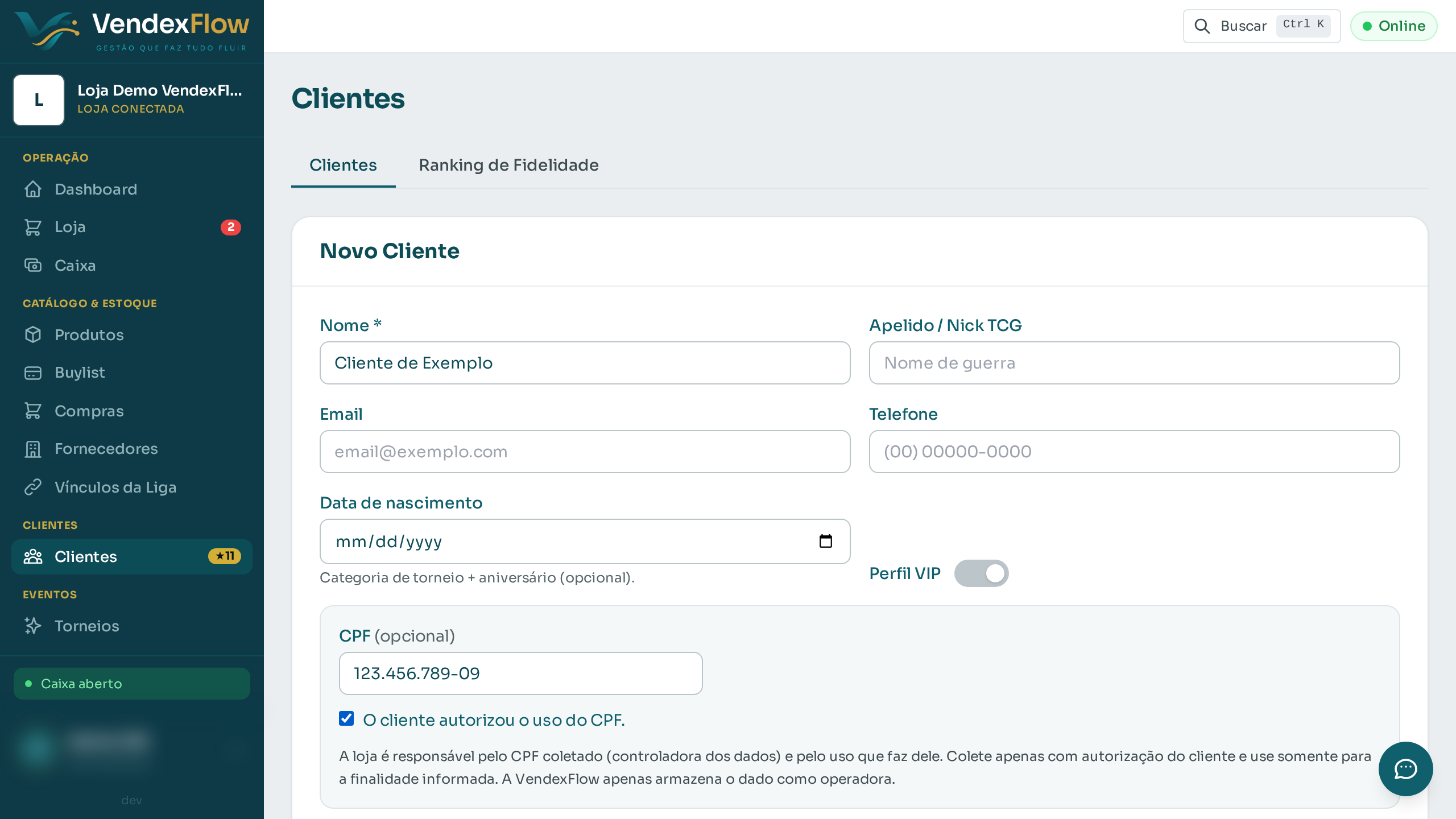 Passo 5: Marque "O cliente autorizou o uso do CPF". Sem esse consentimento, o CPF não é salvo.
