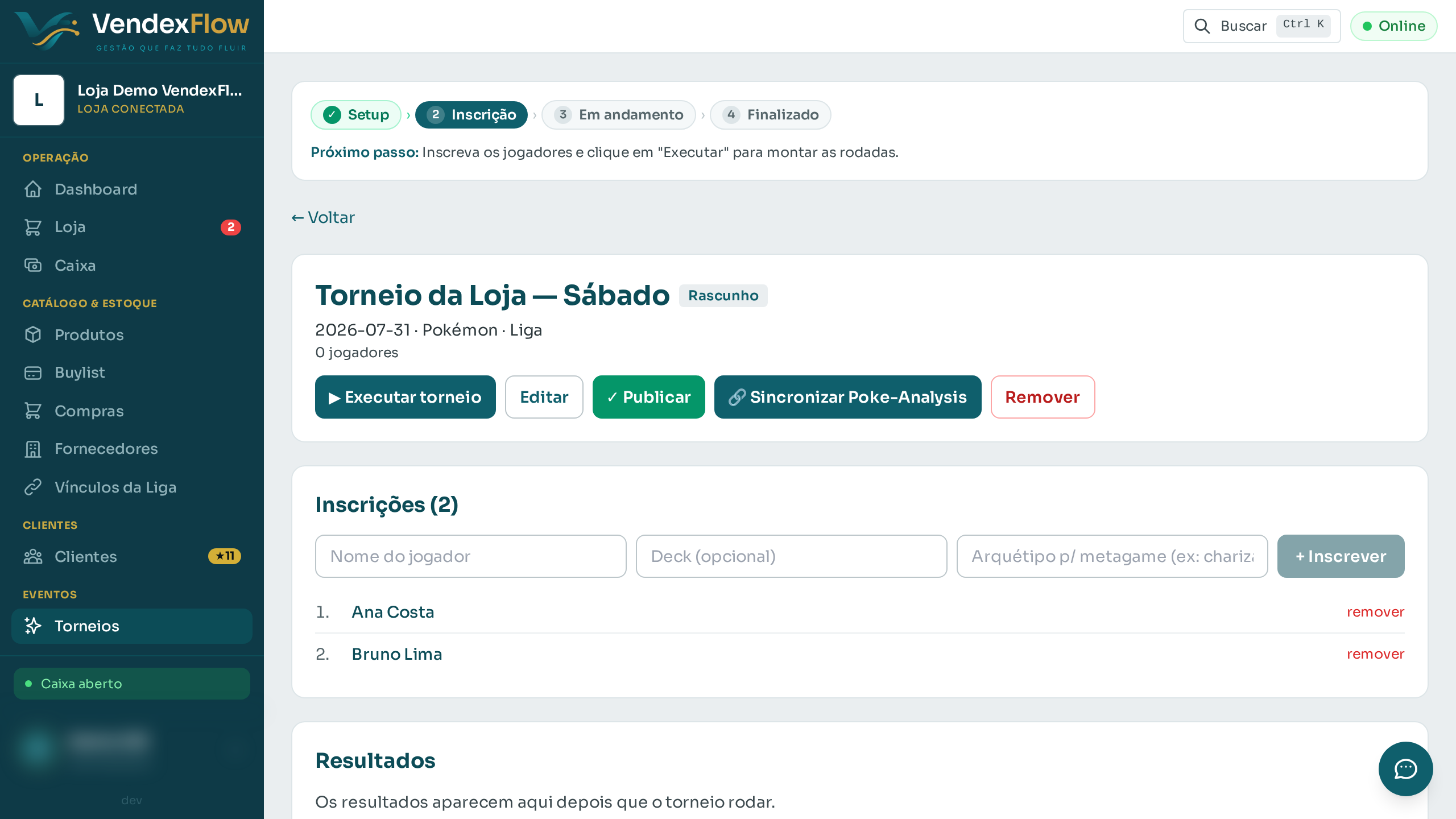 Passo 4: Digite o nome do jogador (e o deck/arquétipo, se quiser que entre no metagame) e clique em "Inscrever". Repita para cada um.