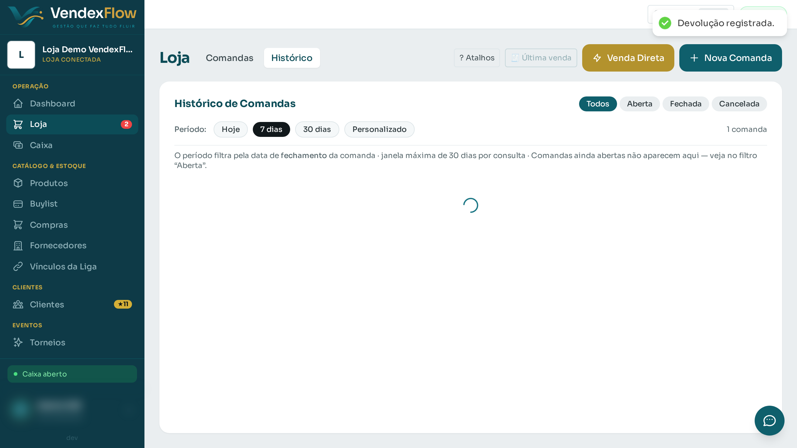 Passo 4: Confirme. O item volta ao estoque e o valor vira crédito na ficha do cliente.