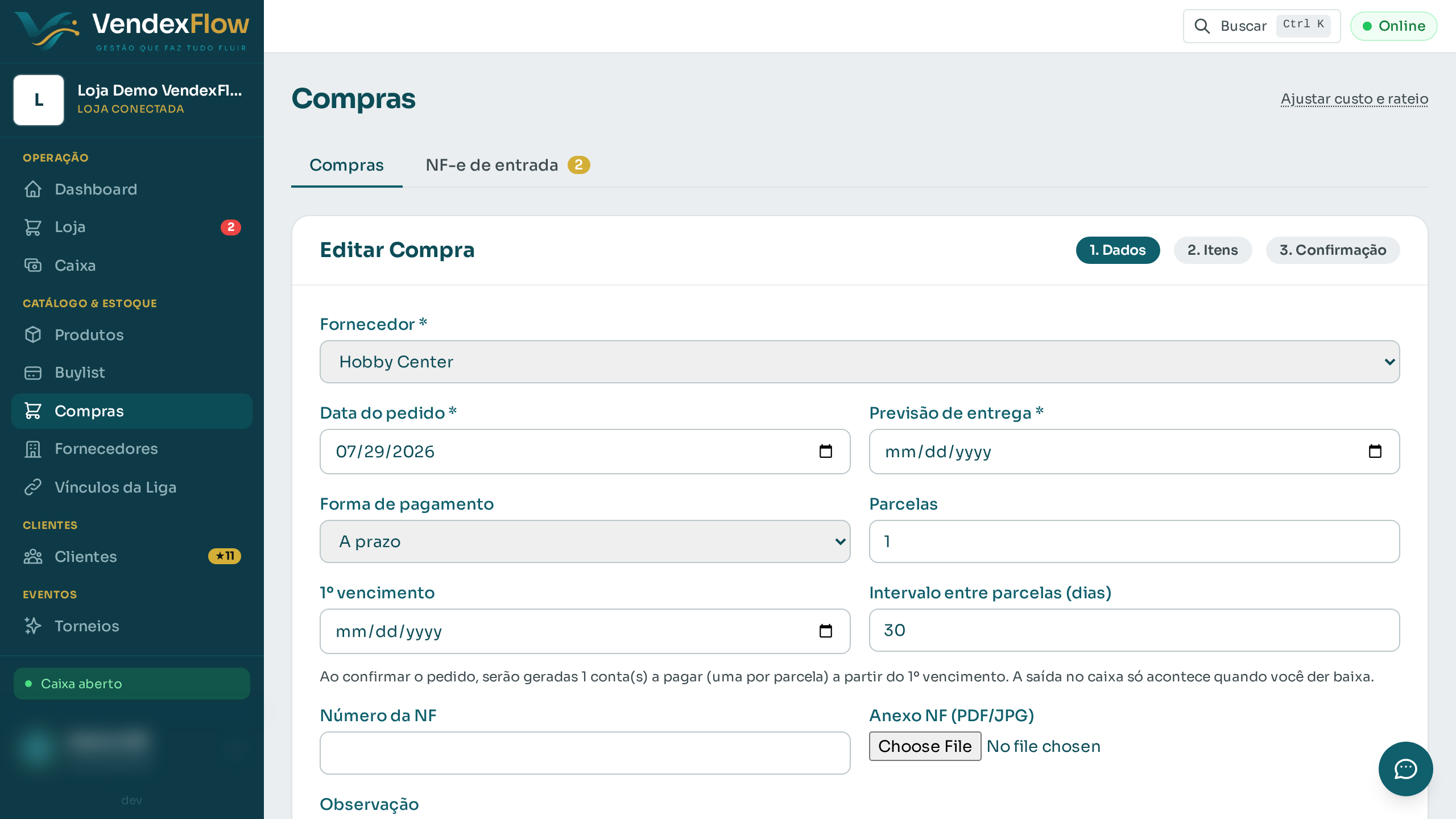 Passo 2: Clique em "Editar". Você volta ao formulário da compra com tudo aberto: dá pra trocar a forma de pagamento, as datas e as quantidades antes de receber.