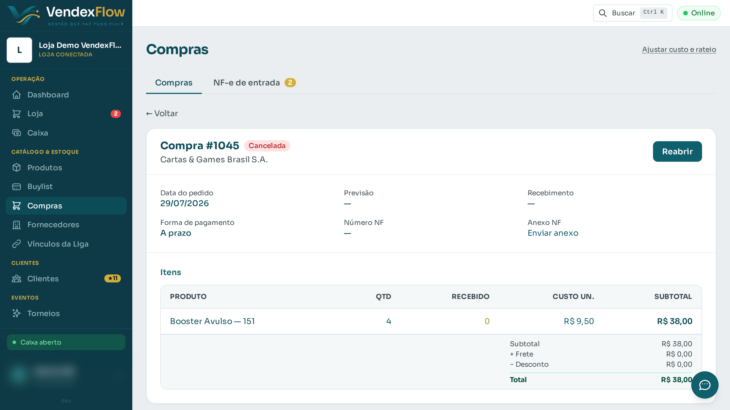 Passo 4: E se a compra foi cancelada por engano? Abra a compra cancelada — ela ganha o botão "Reabrir". Uma compra cancelada nunca movimentou estoque, então reabrir é seguro.