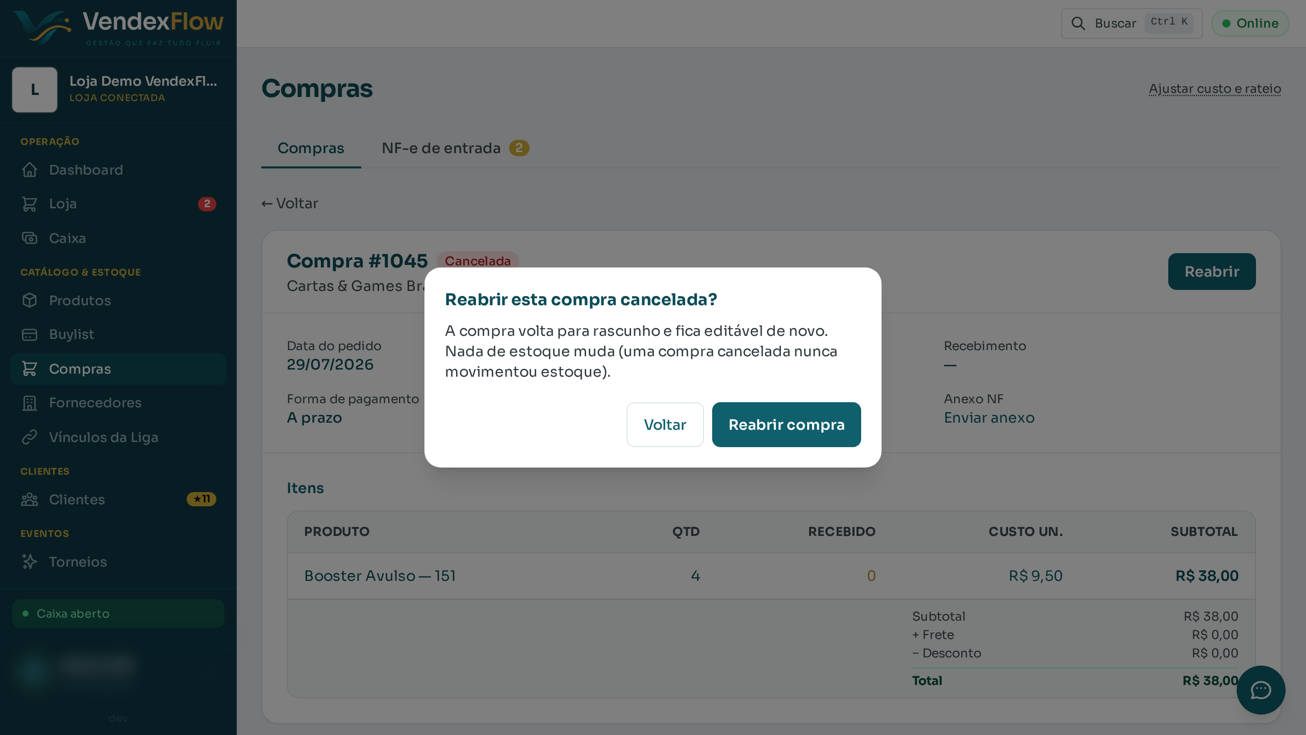 Passo 5: Clique em "Reabrir". O sistema confirma a ação antes de prosseguir.