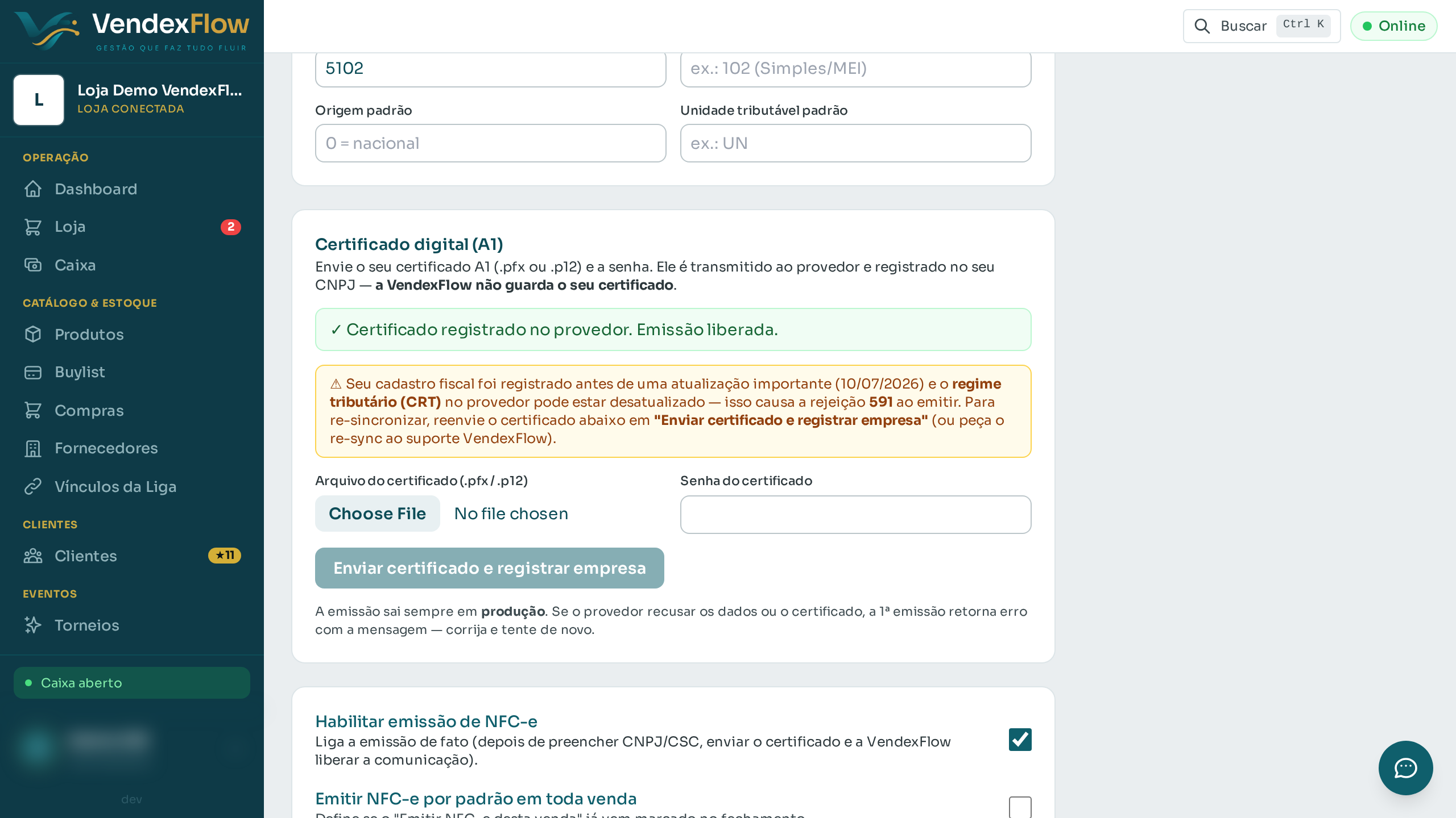 Passo 3: Envie o seu certificado A1 (.pfx/.p12) e a senha. A VendexFlow não guarda o certificado — ele vai pro provedor, no seu CNPJ.