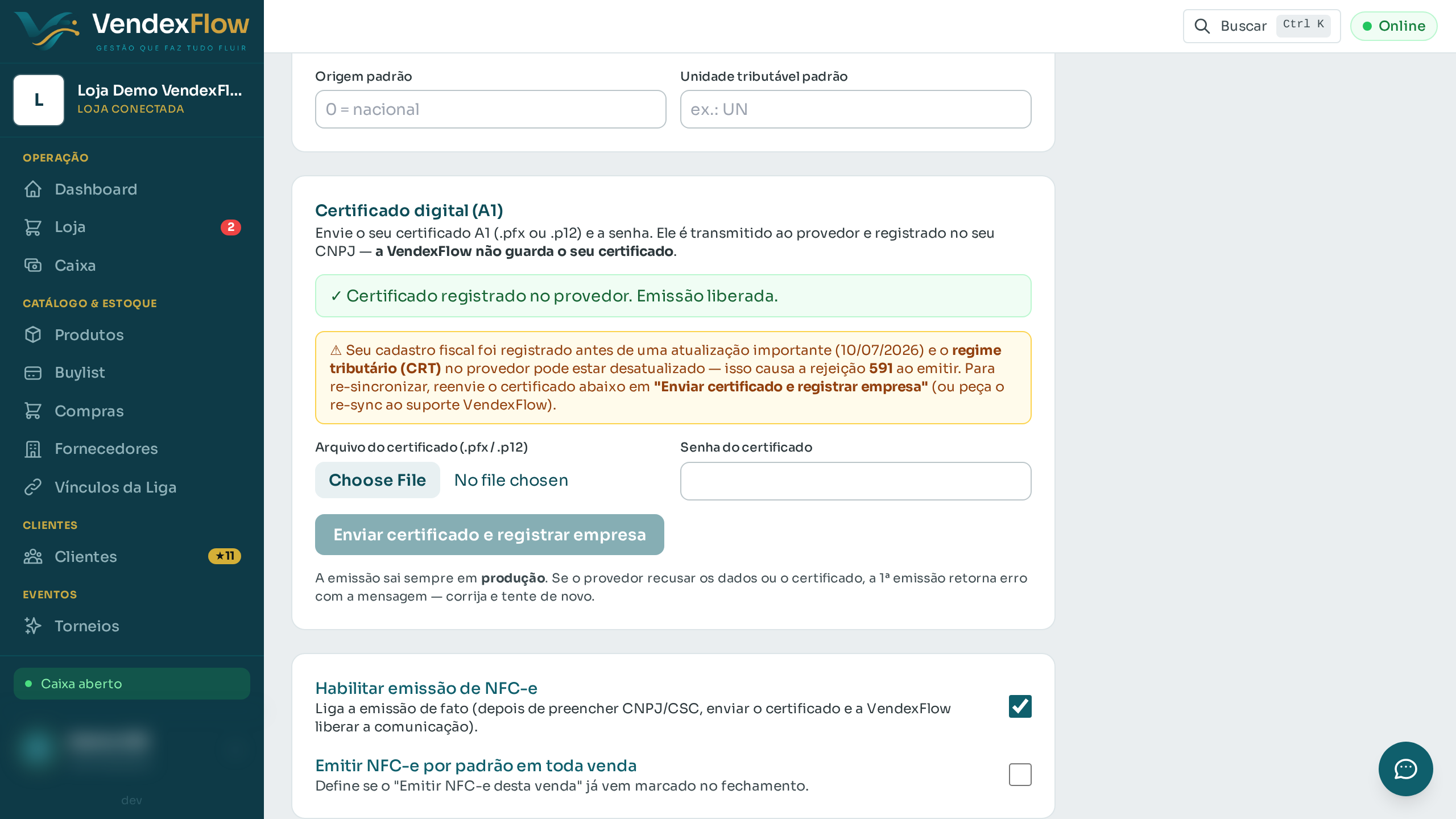 Passo 4: Ligue "Habilitar emissão de NFC-e". Daí em diante você escolhe emitir em cada venda.