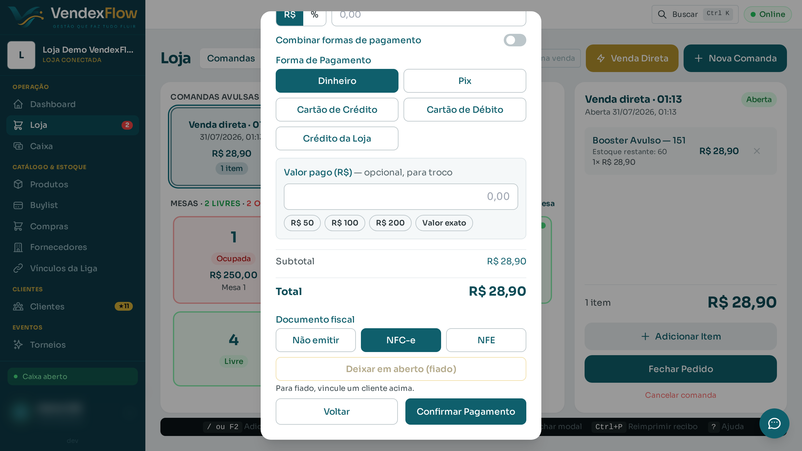 Passo 6: Selecione "NFC-e" e confirme o pagamento: a nota é transmitida e você pode imprimir ou baixar a DANFE do recibo.