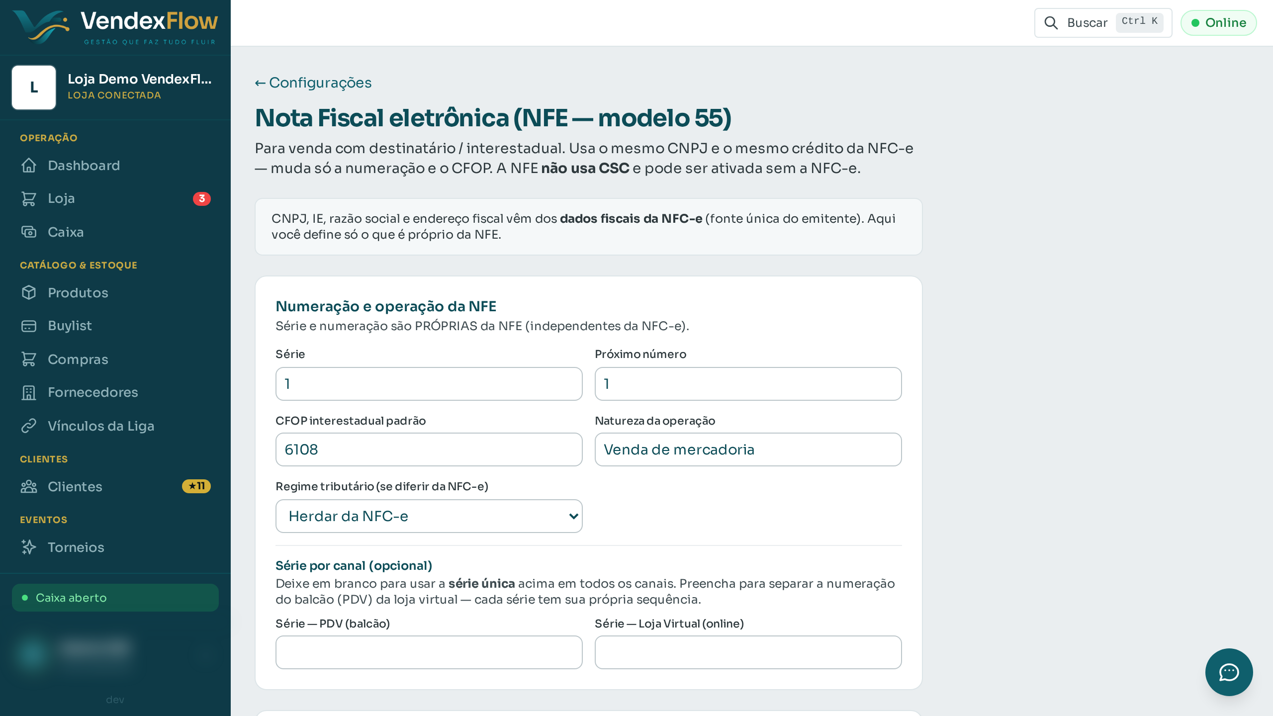 Passo 2: Defina a série e a numeração próprias da NFE e o CFOP interestadual padrão (ex.: 6108).