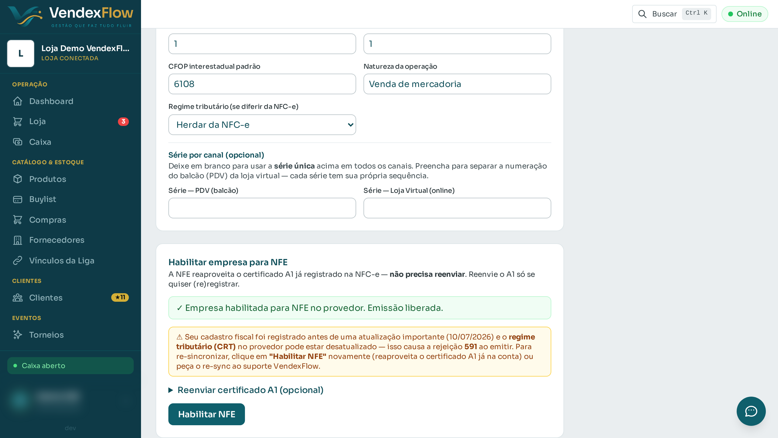Passo 3: Clique em "Habilitar NFE": ela reaproveita o certificado A1 já registrado na NFC-e — não precisa reenviar.