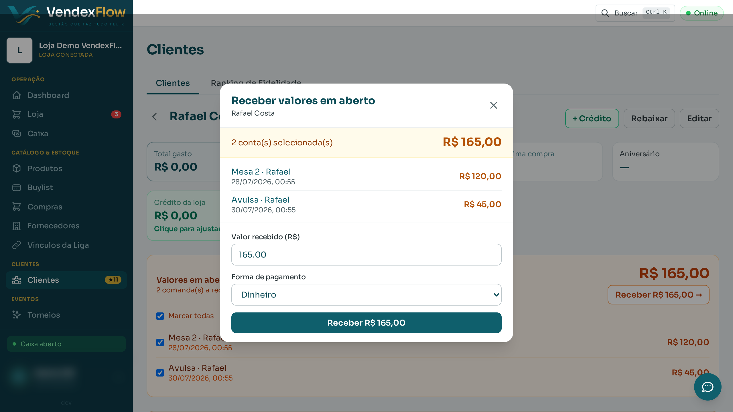 Passo 4: O valor já vem com o total em aberto (recebimento total). Para receber só uma parte, digite um valor menor — o saldo segue em aberto.