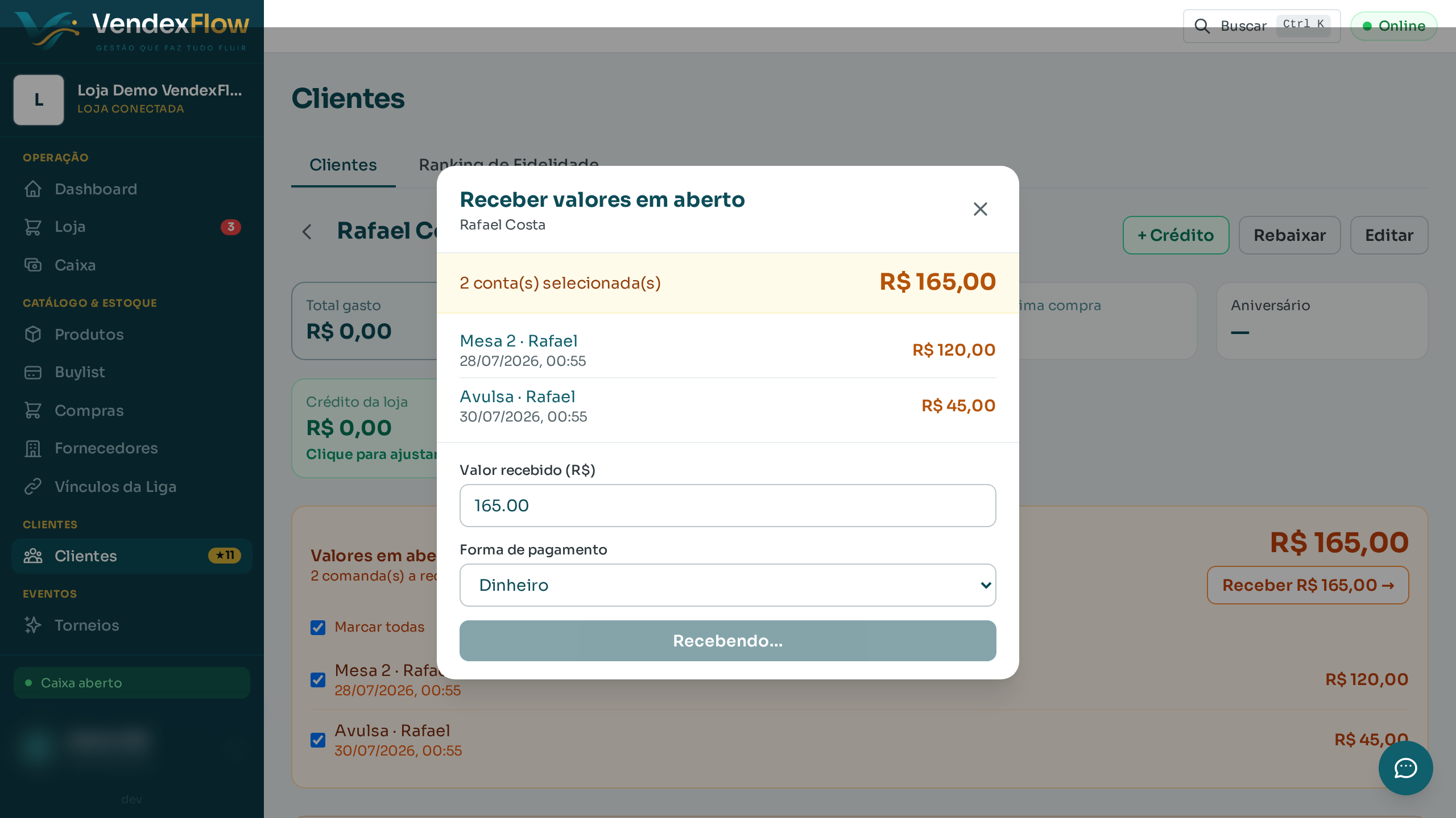 Passo 5: Confirme. O recebimento entra no caixa do dia e as contas ficam quitadas (ou parciais, se você recebeu só uma parte).