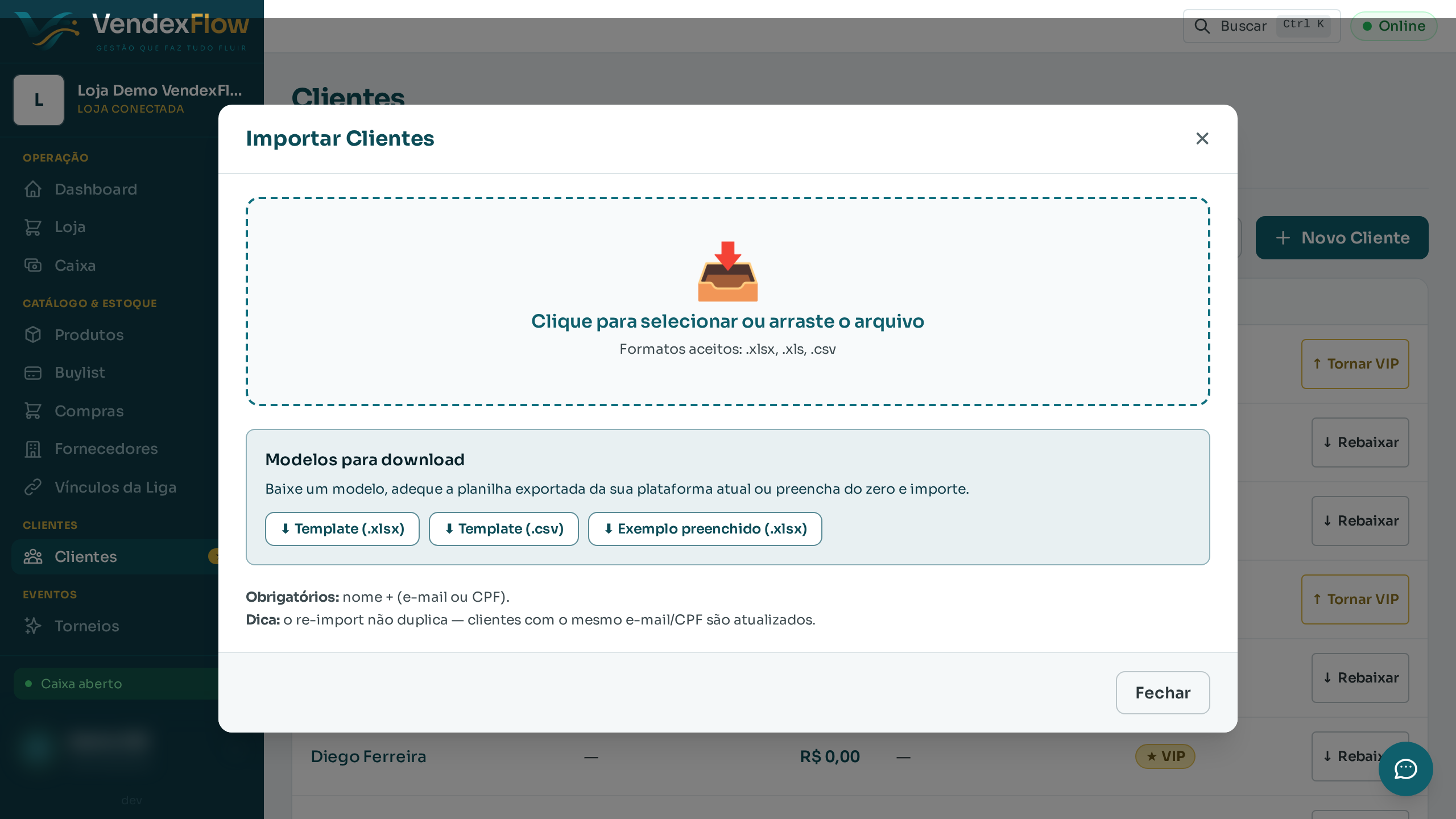 Passo 2: Clique em "Importar". Baixe um modelo (.xlsx ou .csv), adeque sua planilha exportada e preencha.