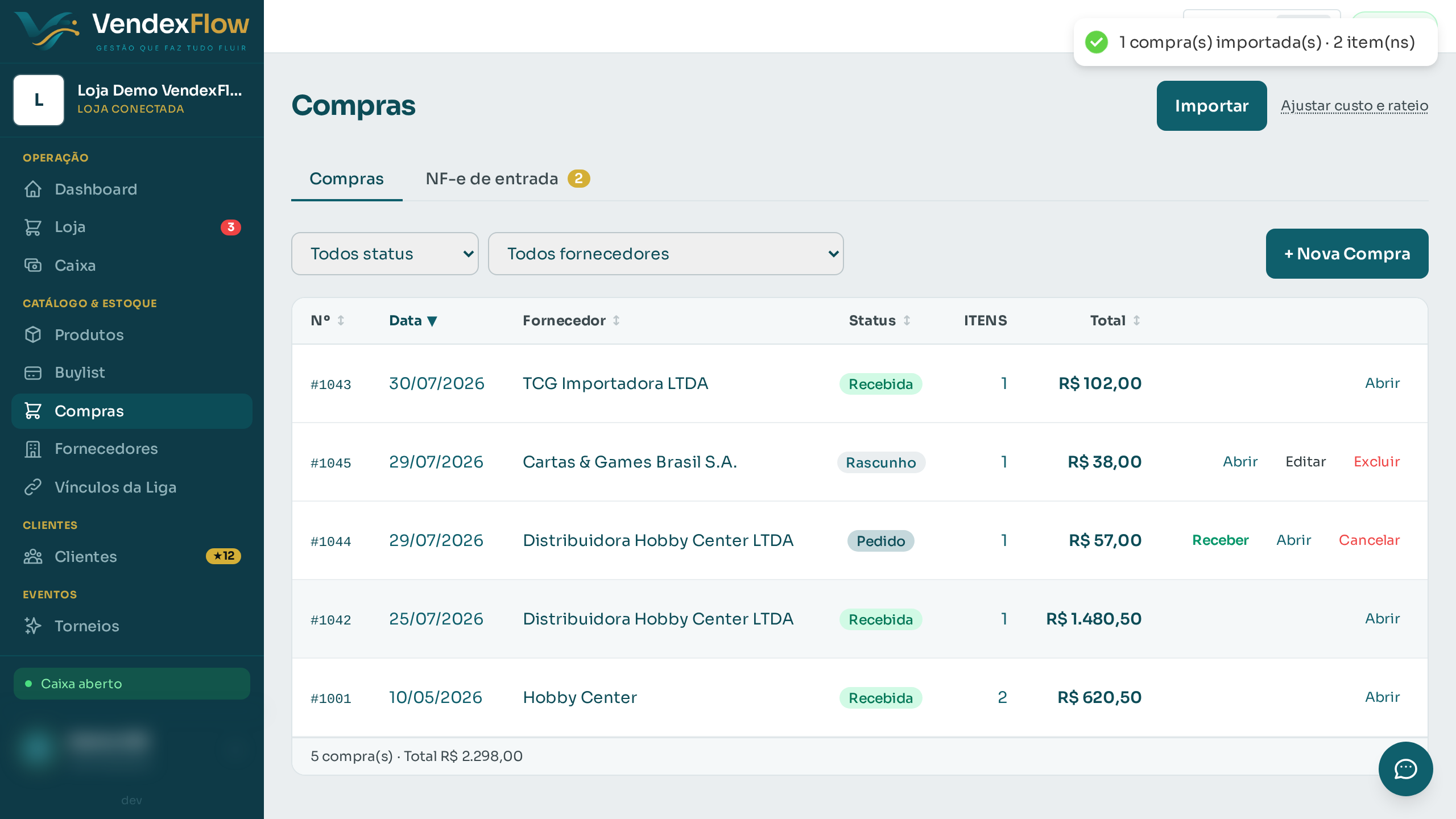 Passo 5: Confirme. O histórico de compras entra para os relatórios e o DRE.