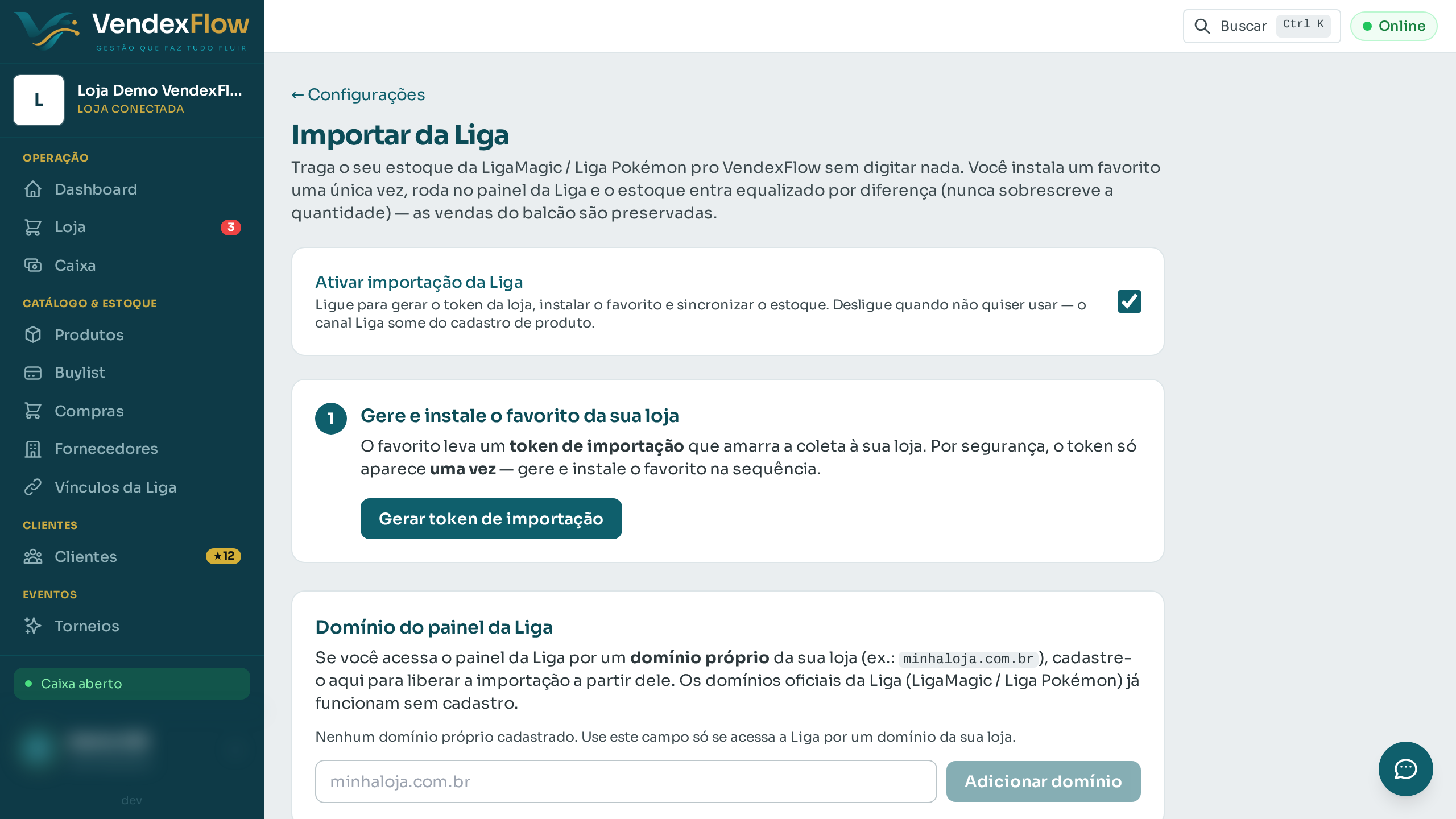 Passo 2: Clique em "Gerar token de importação" e arraste o botão "Importador da Liga" pra barra de favoritos do navegador — uma única vez.