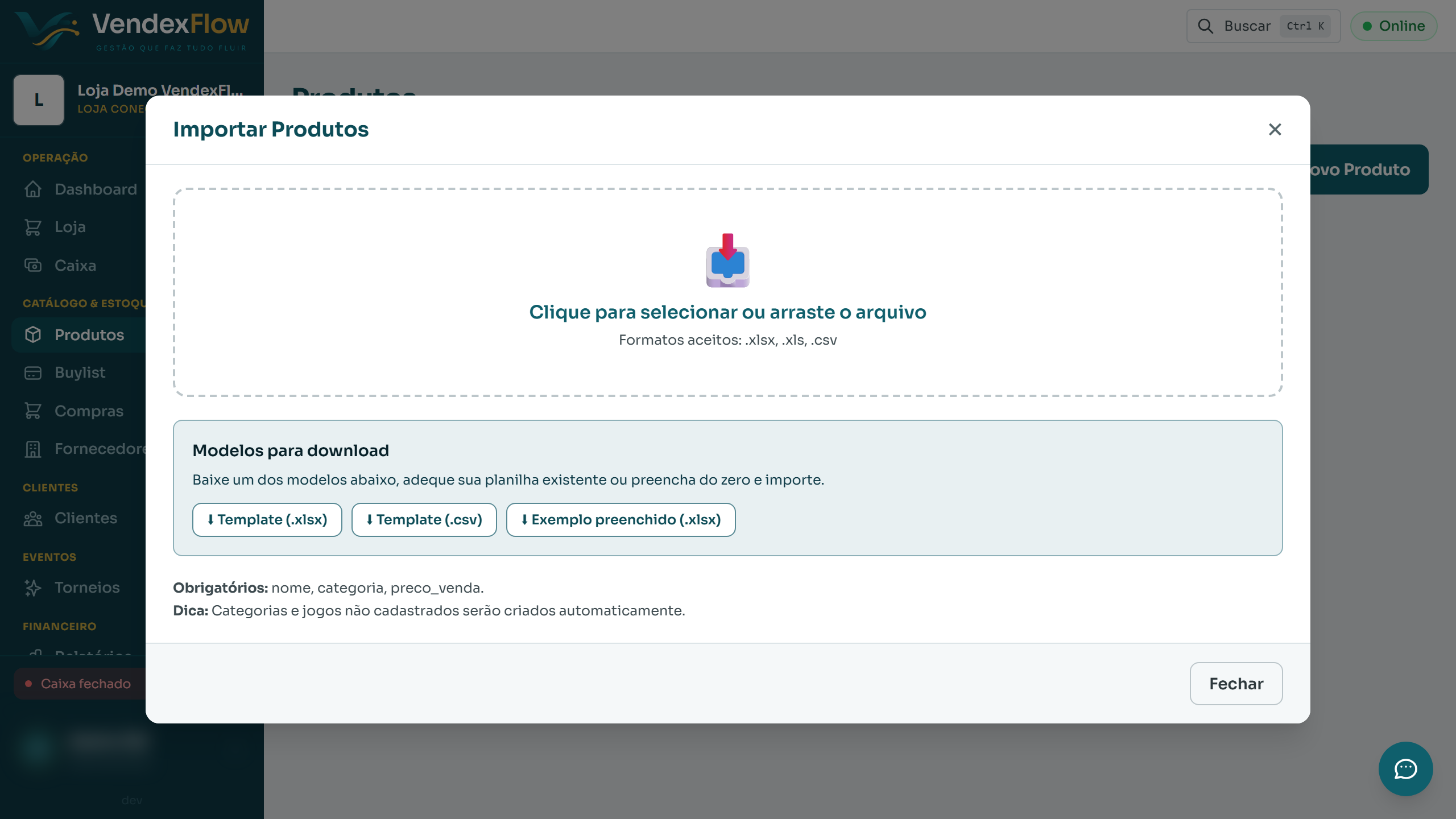 Passo 2: Clique em Importar. Baixe um dos modelos, preencha sua planilha e selecione o arquivo (.xlsx ou .csv).