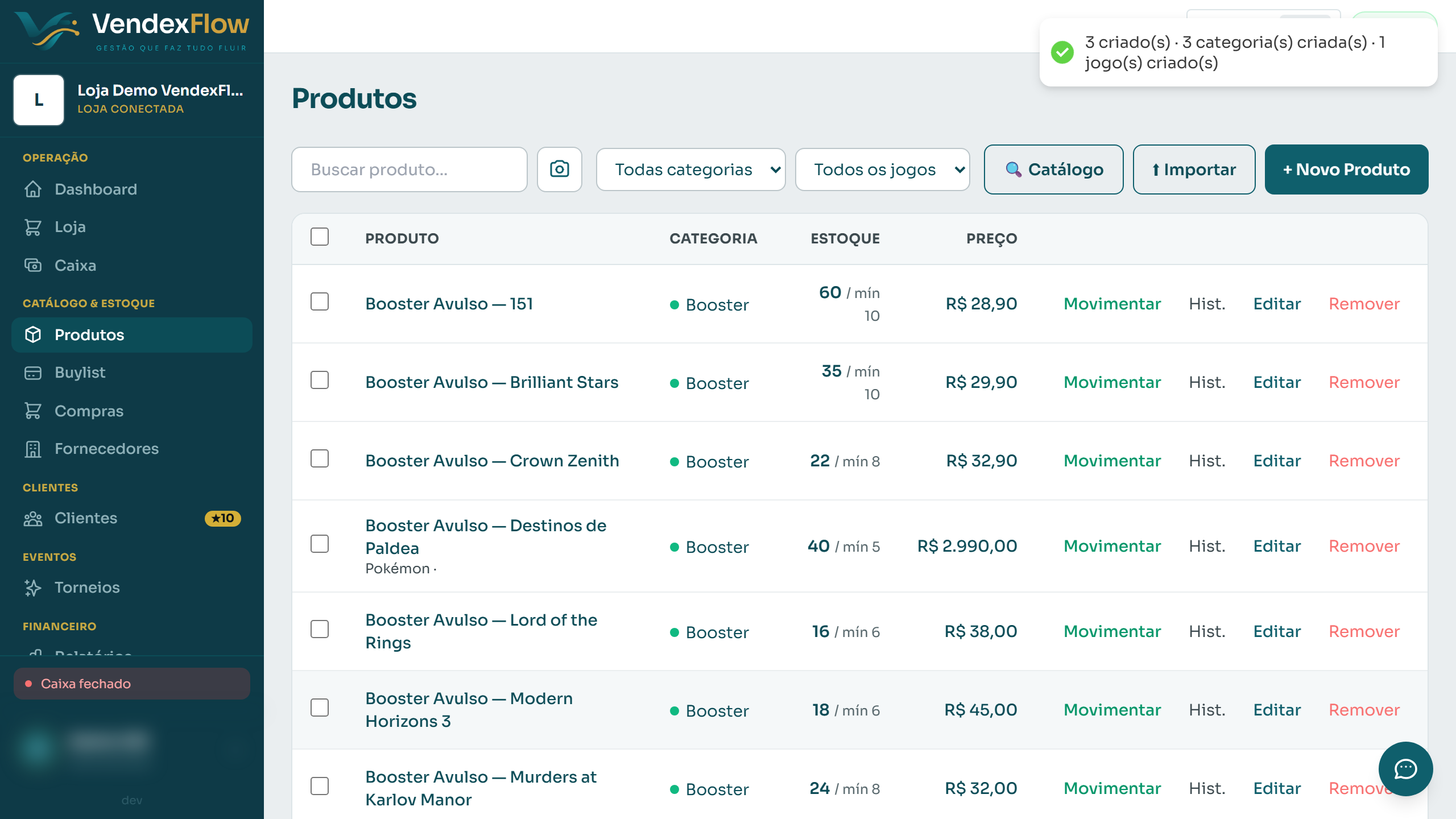 Passo 4: Confirme. Os produtos entram no estoque na hora — pronto pra vender.