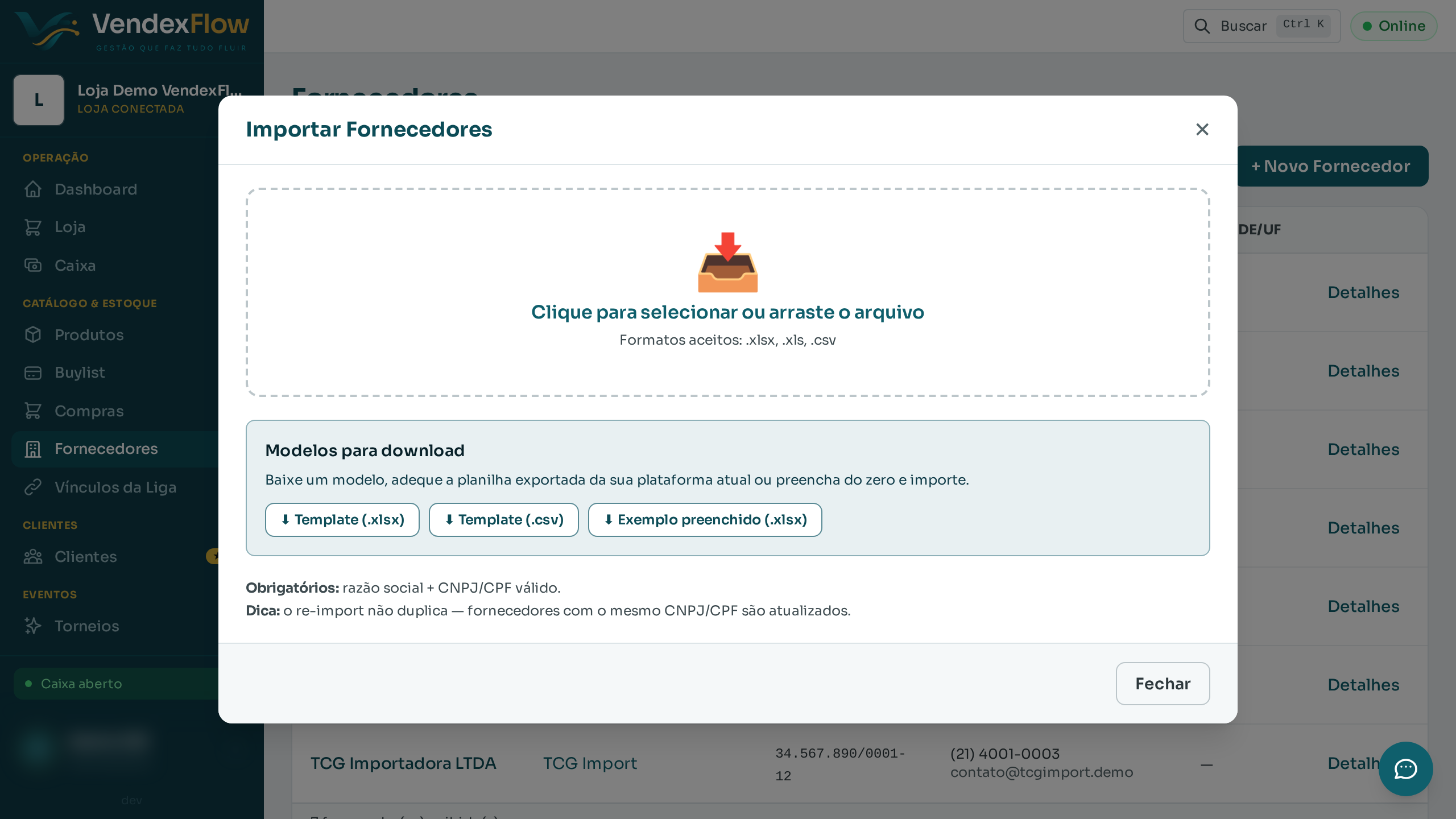 Passo 2: Clique em "Importar". Baixe um modelo e preencha — razão social e CNPJ/CPF são obrigatórios.