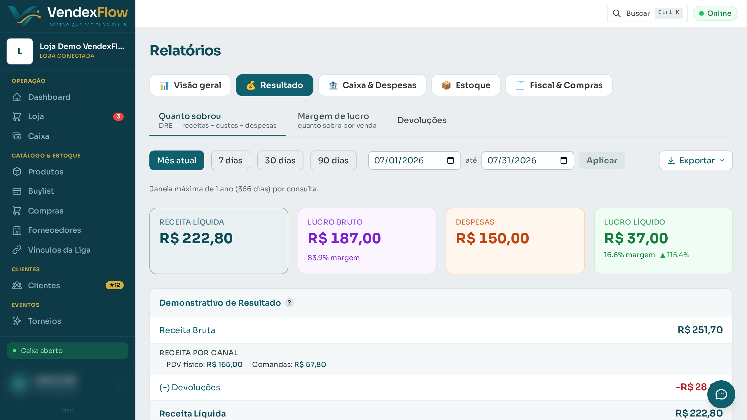 Passo 2: No grupo "Resultado", a aba DRE mostra em cascata como a receita vira lucro: menos custos, menos despesas.