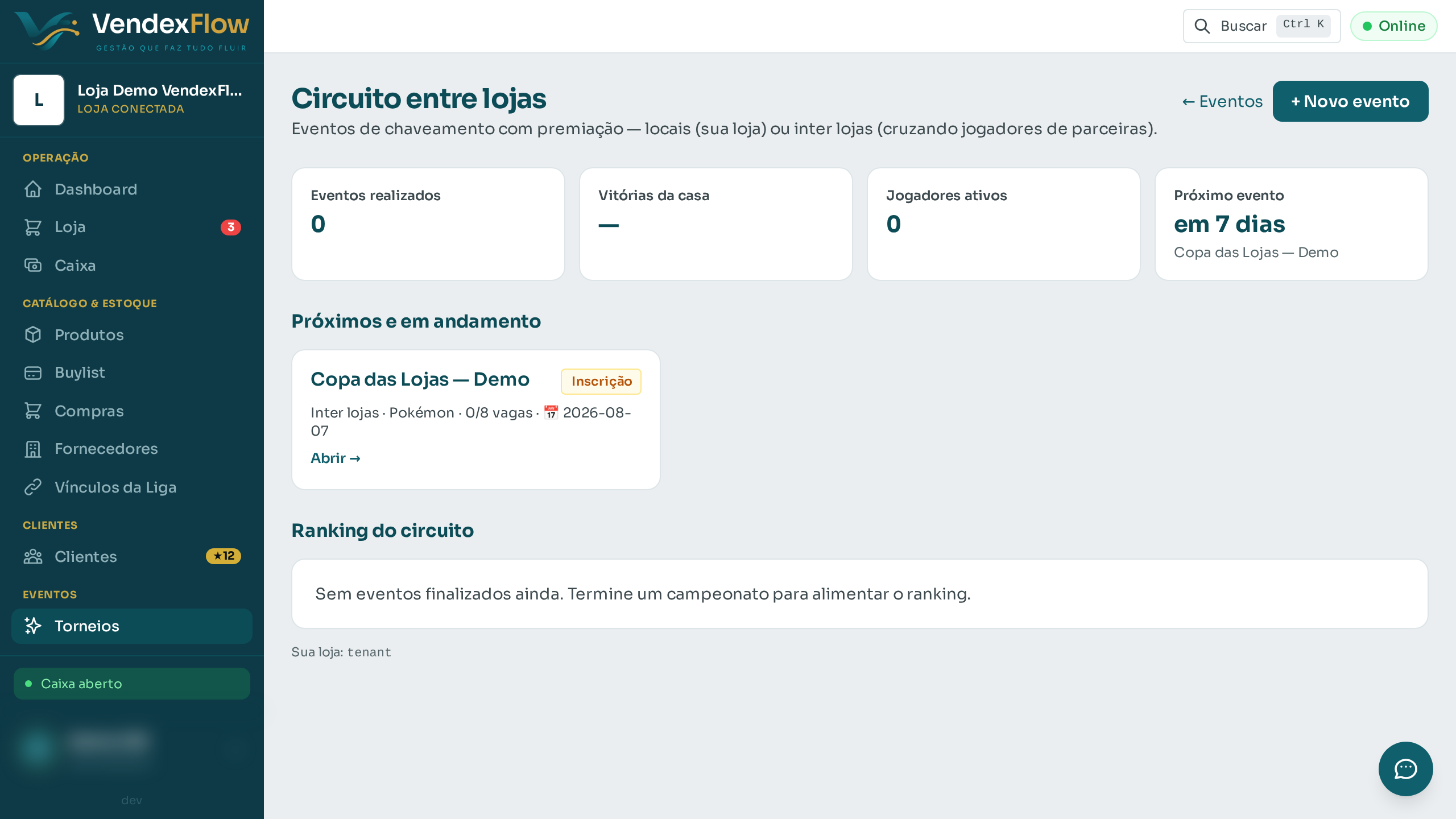 Passo 4: Clique em "+ Novo evento" para criar um campeonato e compartilhar o código com lojas parceiras — ou entre no circuito de outra loja com o código dela.