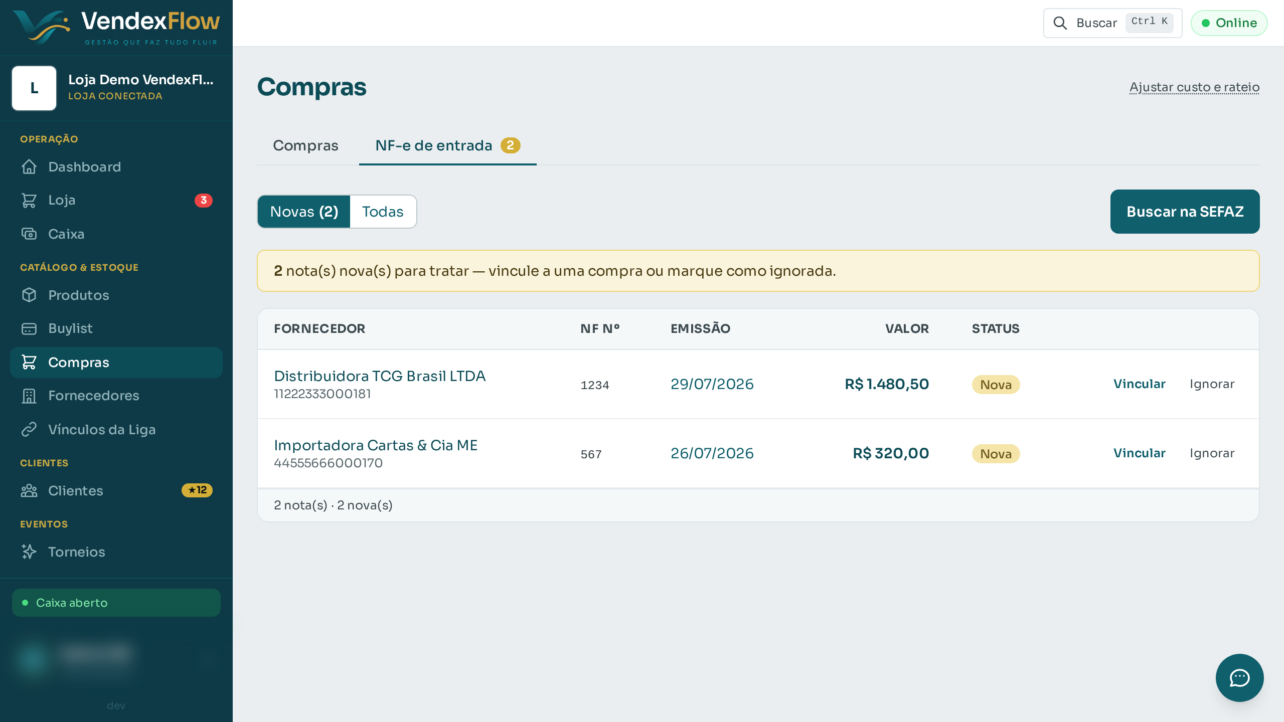 Prévia: Ver as NF-e de entrada e vincular a uma compra