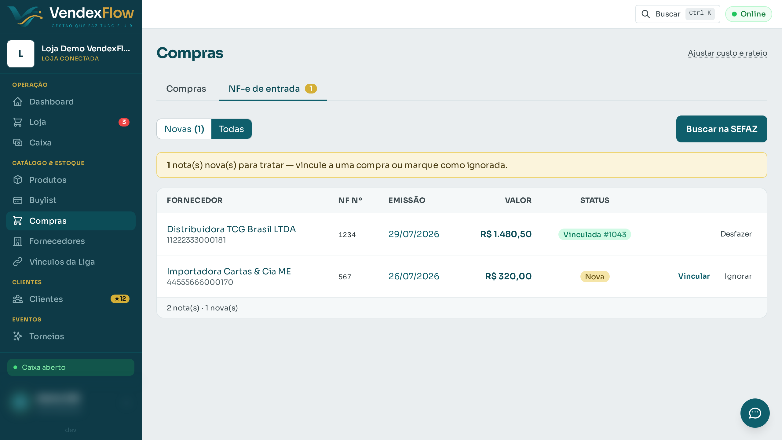 Passo 4: No filtro "Todas" a nota aparece com o status "Vinculada". As notas que não são compras (ou que você não quer tratar) podem ser marcadas como "Ignorada".