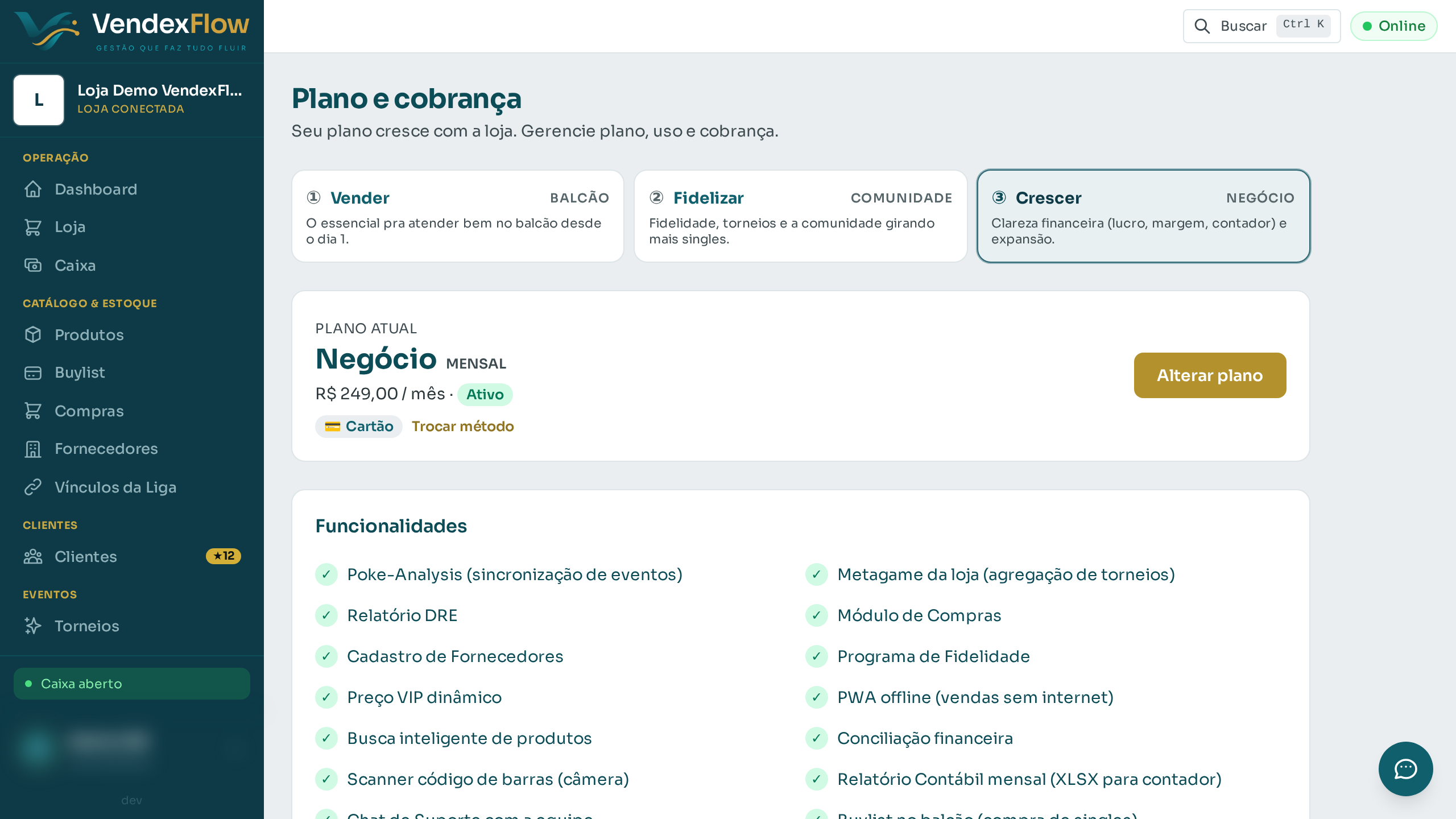 Prévia: Ver o plano e iniciar um upgrade
