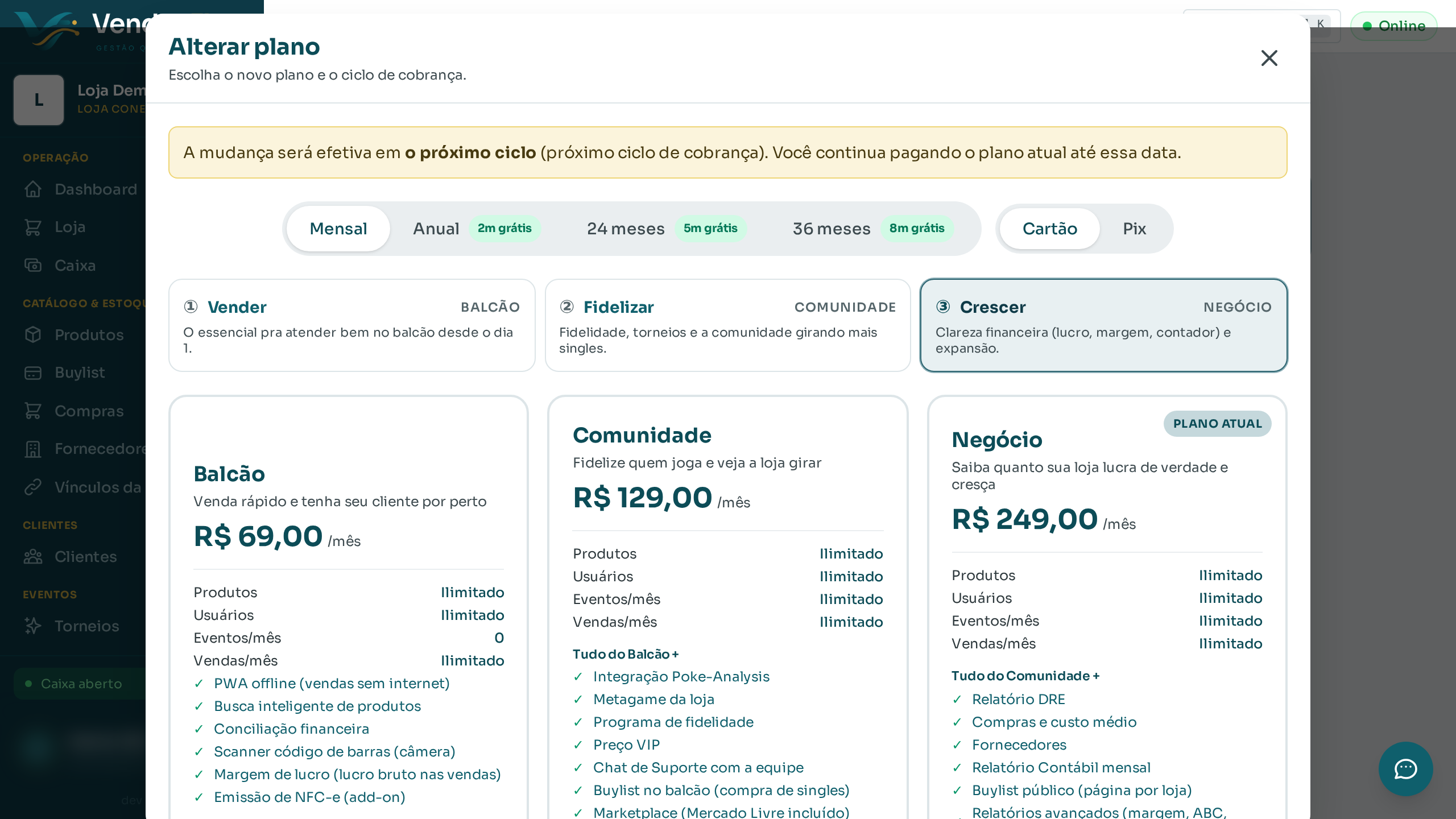 Passo 2: Clique em "Alterar plano" para abrir as opções de upgrade.