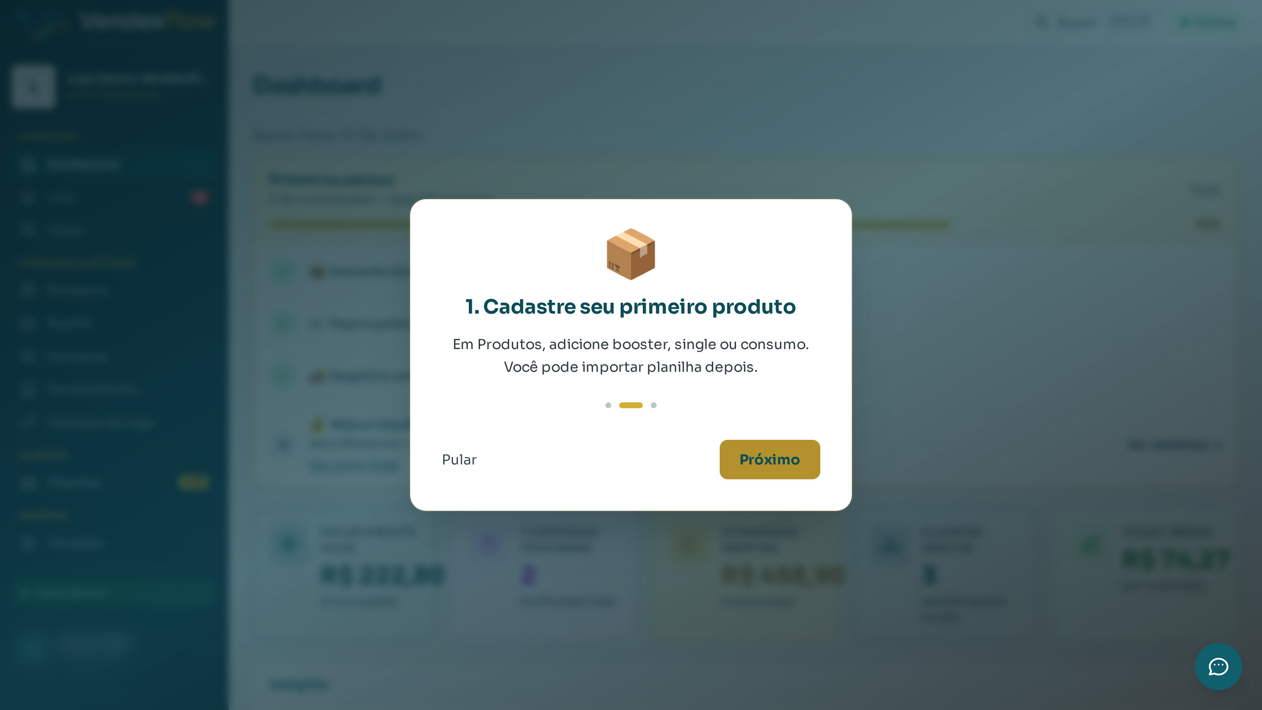 Passo 4: Avance pelos passos: cadastrar produto, abrir o caixa e vender.