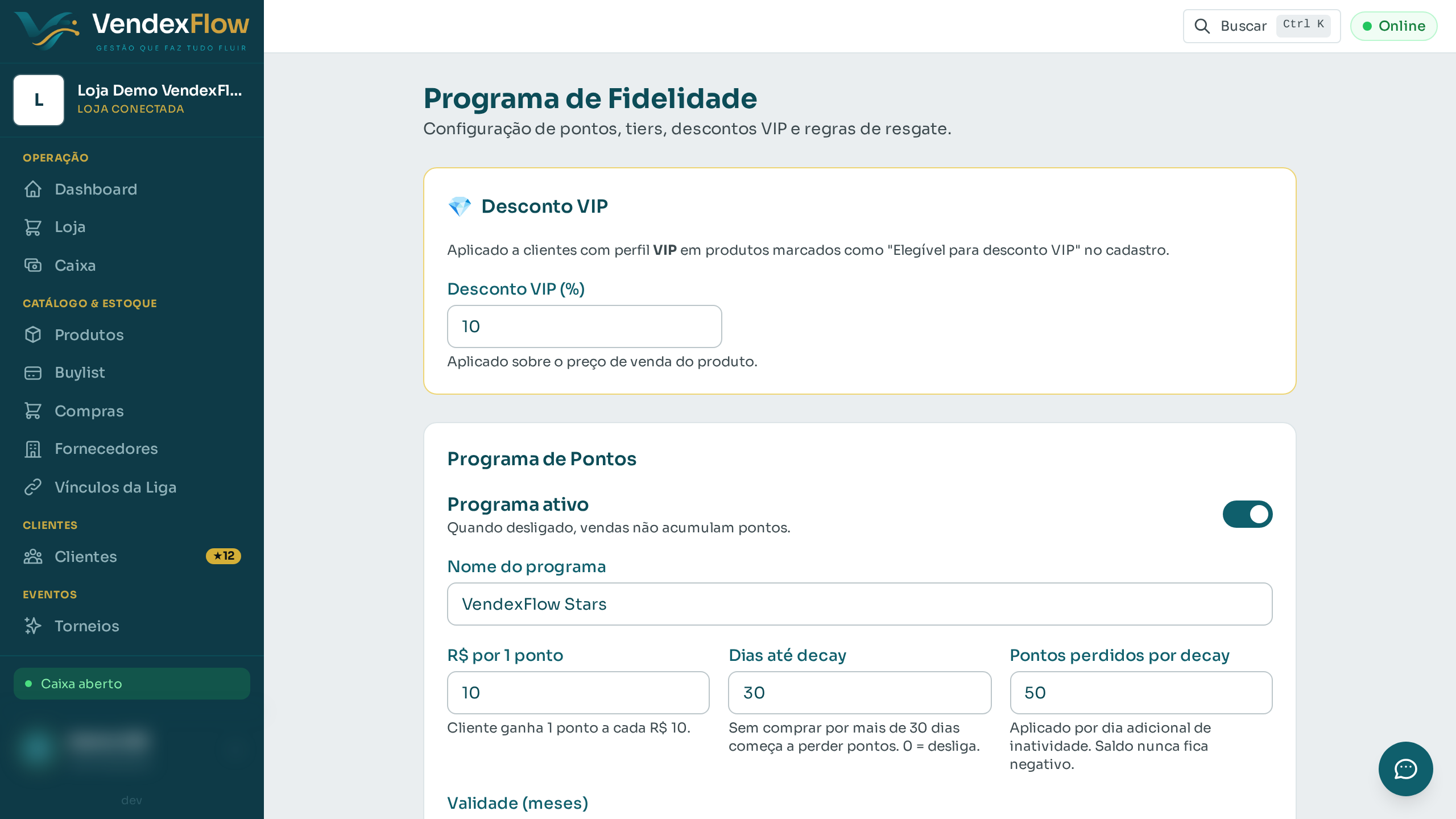 Prévia: Configurar o programa de fidelidade (Cardex Stars)