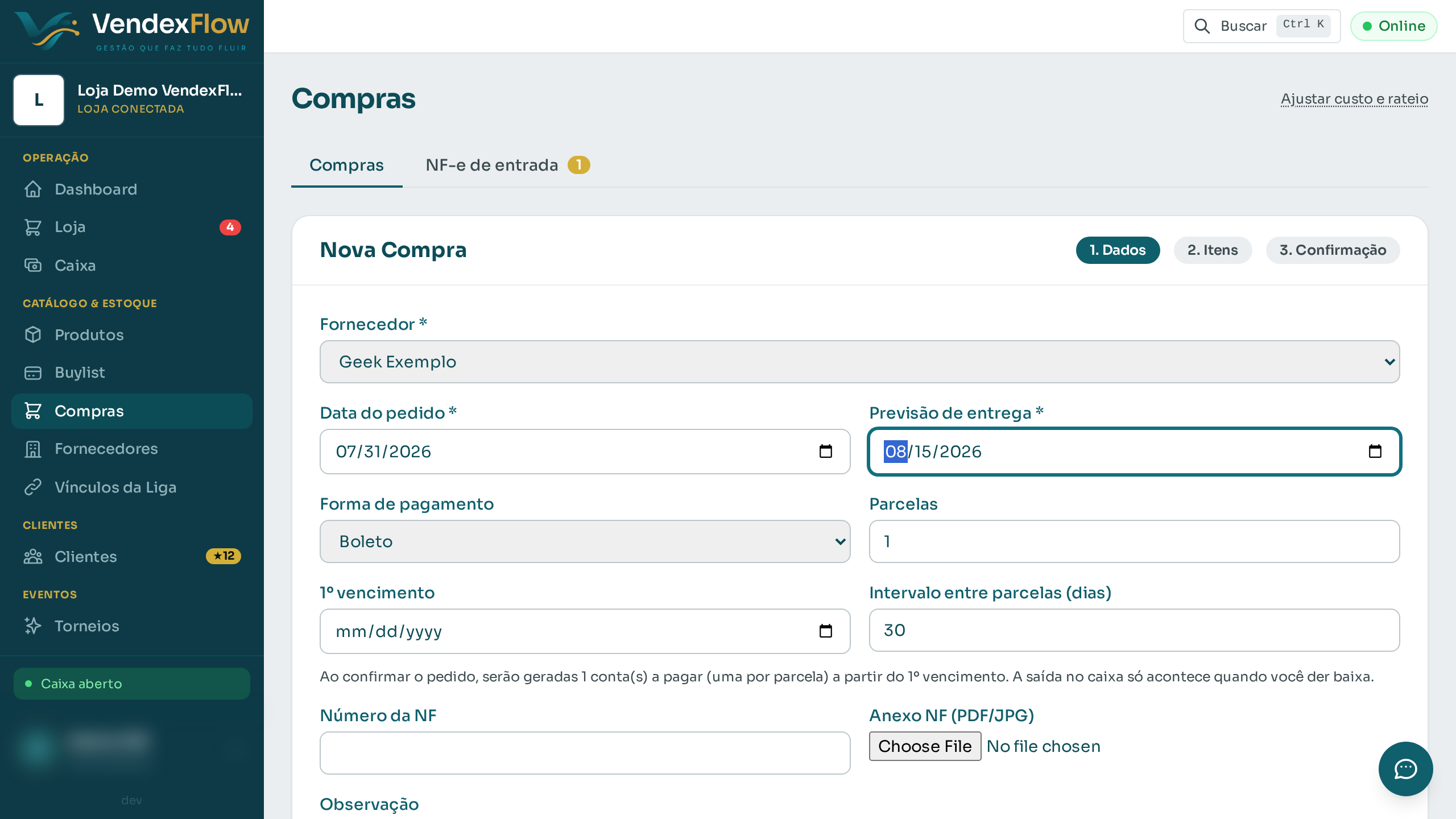 Passo 2: Clique em "Nova Compra", escolha o fornecedor e informe as datas e a forma de pagamento.