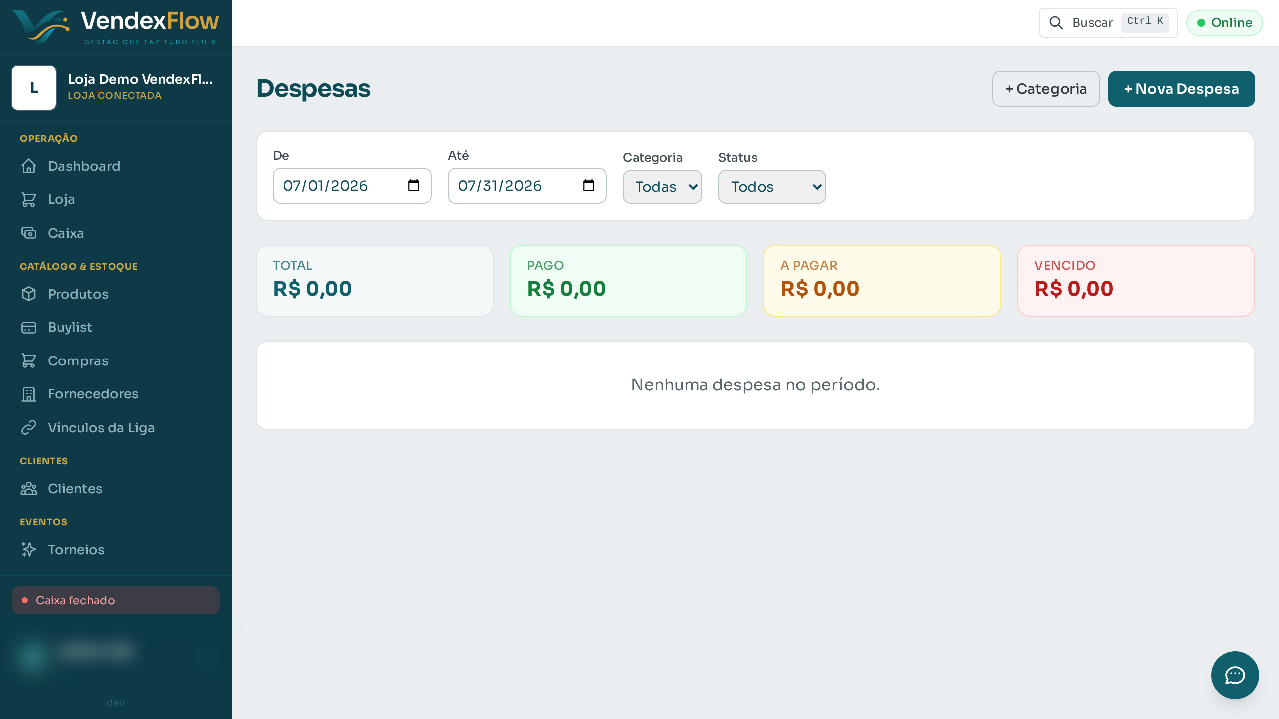 Prévia: Registrar uma despesa