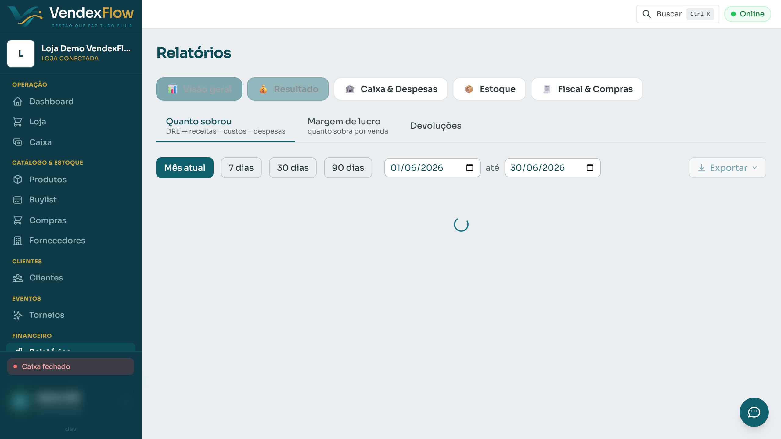 Passo 2: No grupo "Resultado" você vê quanto sobrou (DRE): receitas menos custos e despesas.