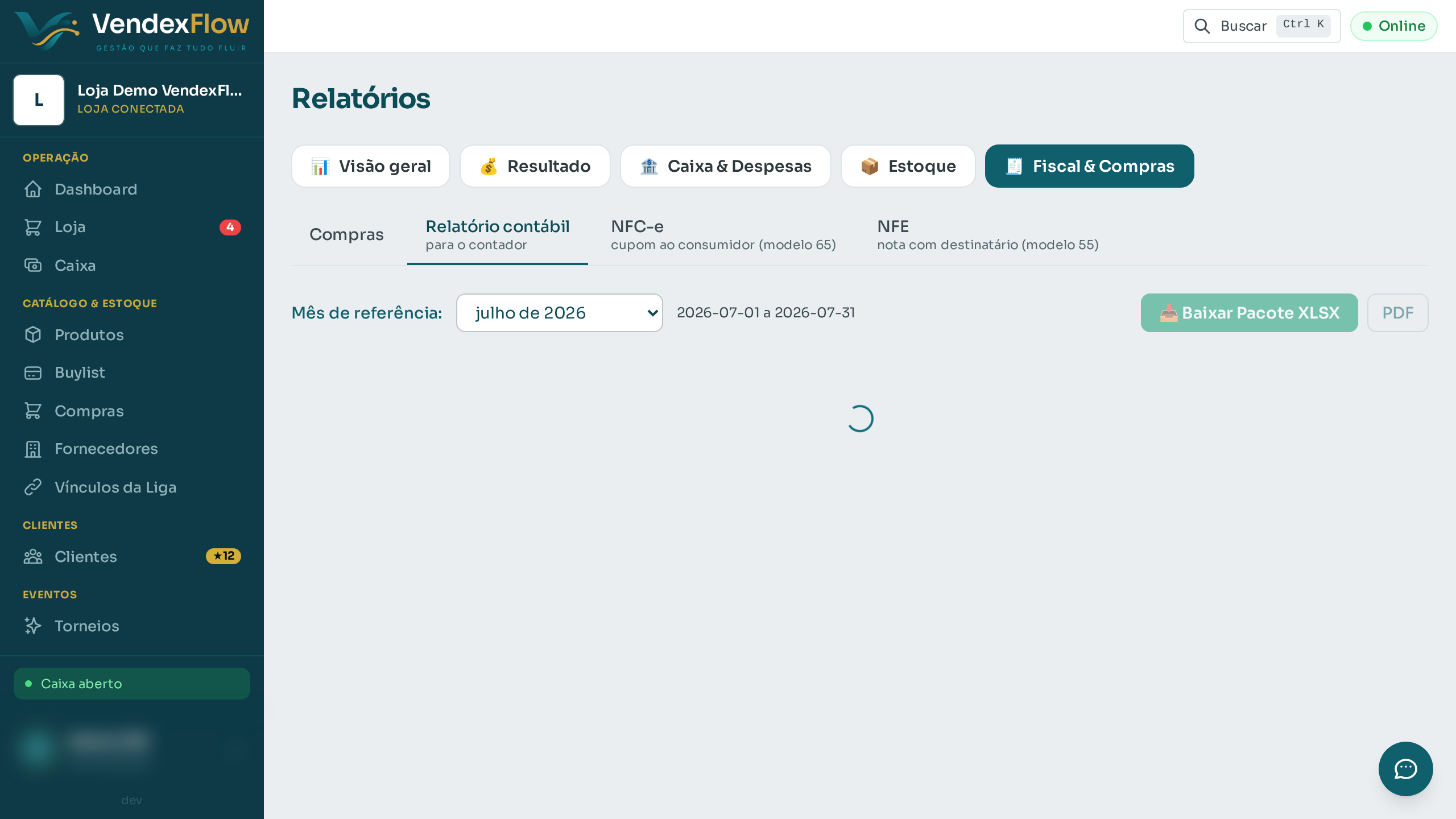 Passo 5: Precisa mandar pro contador? Use Exportar nos relatórios do grupo Fiscal.