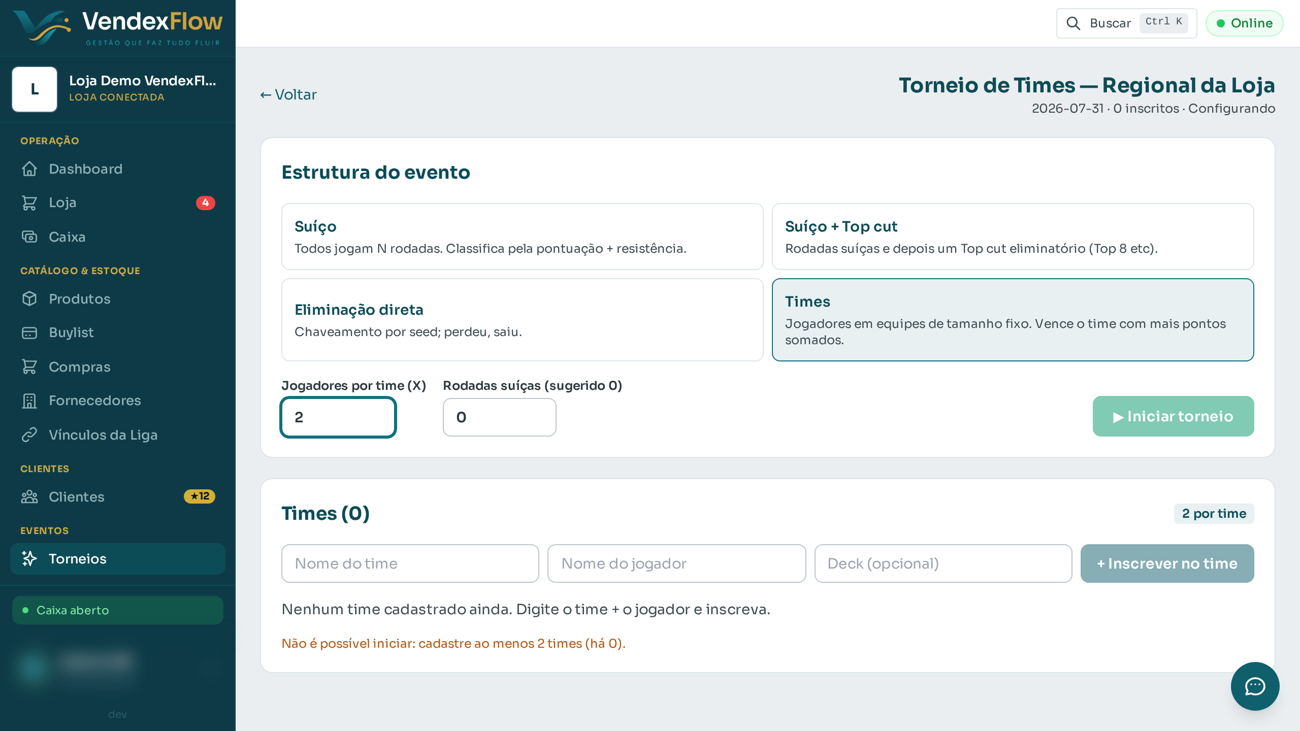 Passo 2: Escolha o formato "Times" e defina quantos jogadores tem cada time (X). Todos os times precisam ter o mesmo tamanho — essa é a trava do formato.