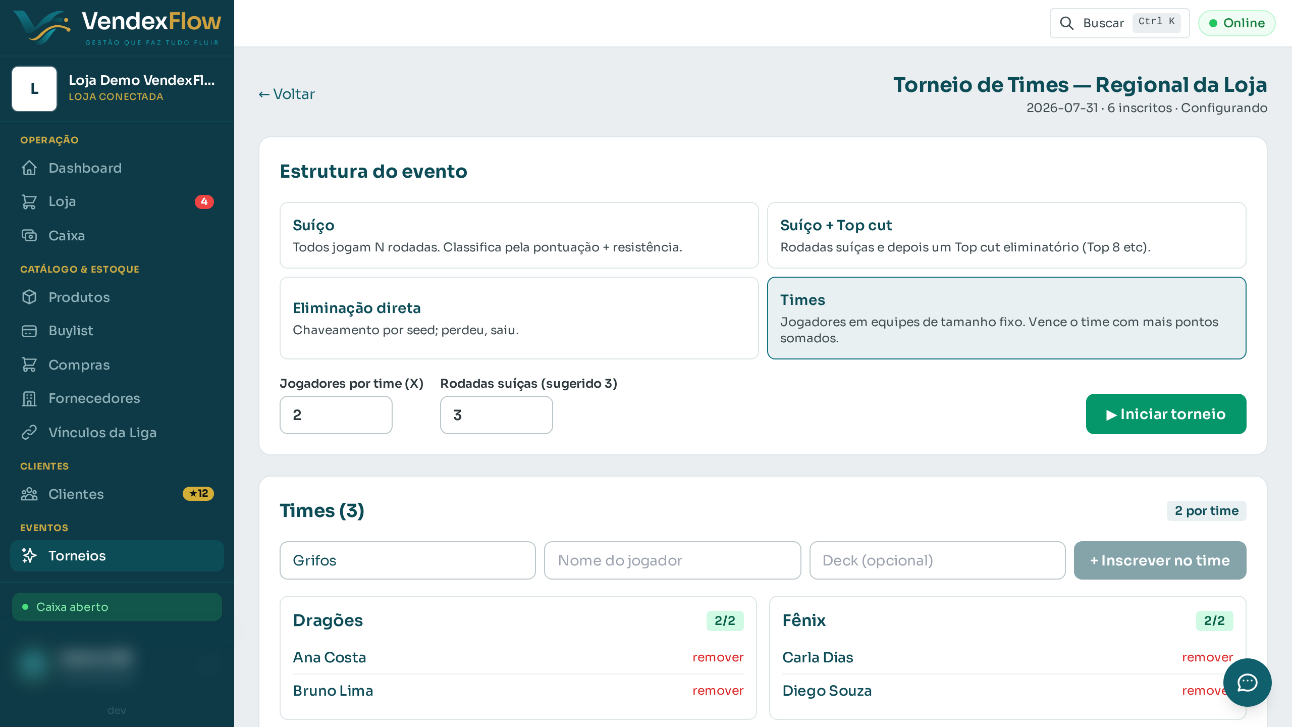 Passo 3: Digite o nome do time e o do jogador e clique em "Inscrever no time". Repita para completar cada time — jogadores do mesmo nome de time caem no mesmo grupo.