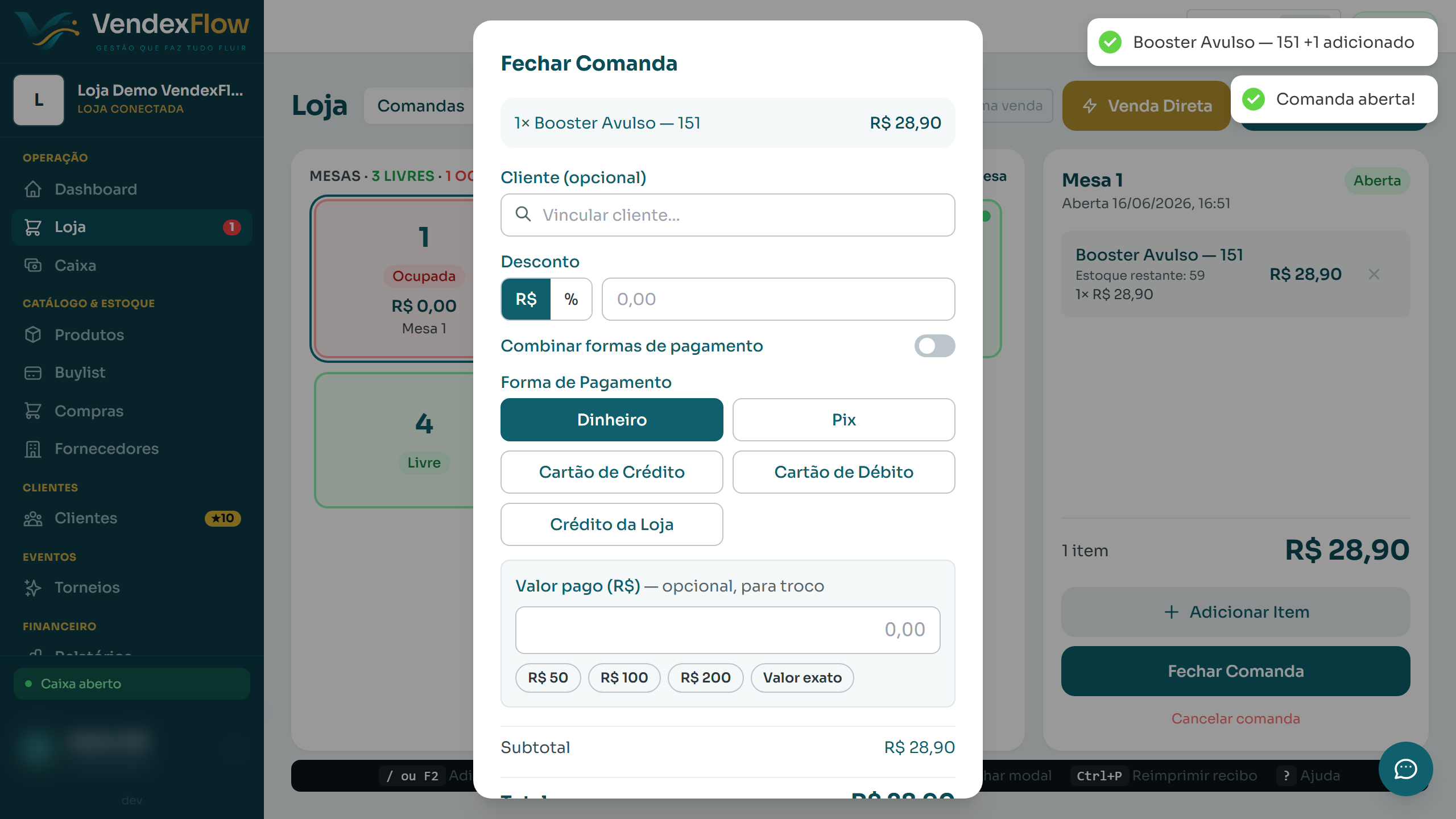 Passo 5: Revise os itens, toque em Finalizar e escolha a forma de pagamento (Dinheiro).