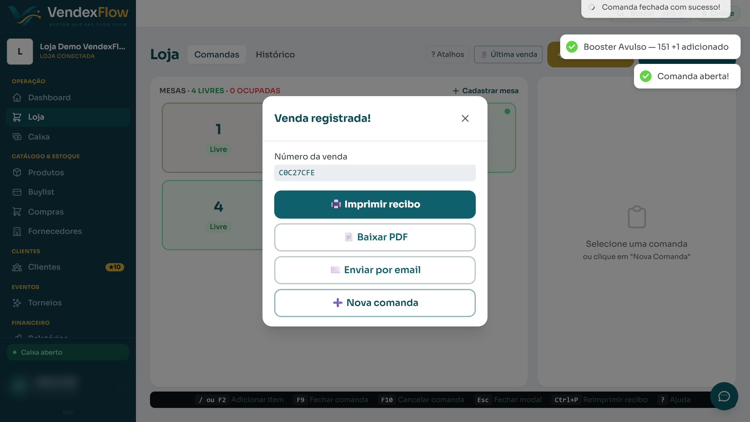 Passo 6: Pronto! A venda foi registrada e a mesa volta a ficar Livre para o próximo cliente.