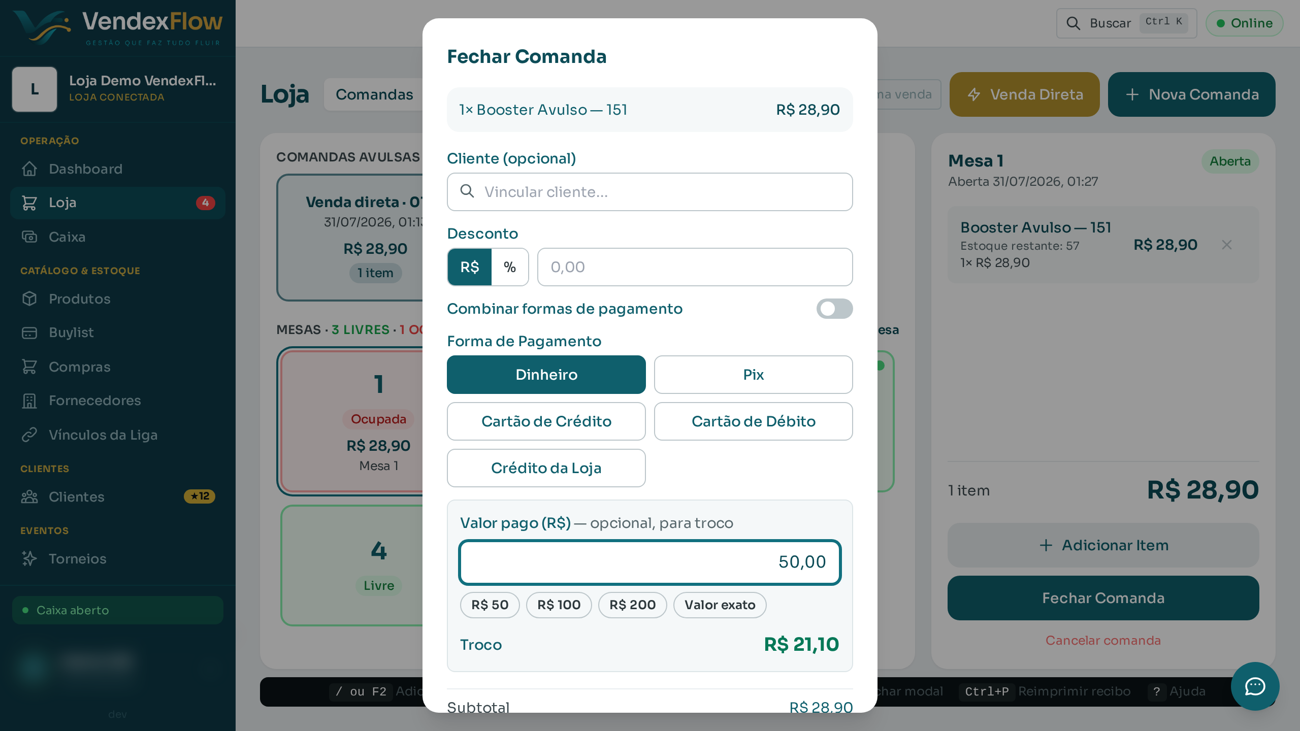 Passo 9: Escolha a forma de pagamento. No dinheiro, digite o valor pago e o sistema mostra o troco.