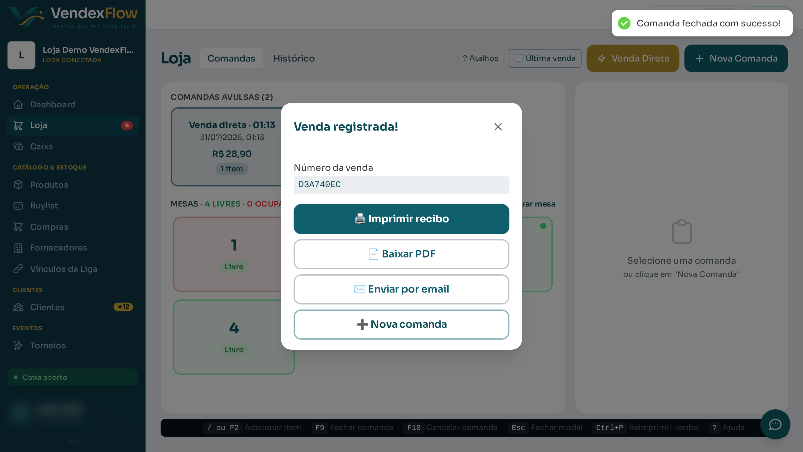 Passo 10: Pronto! Venda registrada. Você pode imprimir, baixar o PDF ou enviar o recibo por e-mail.